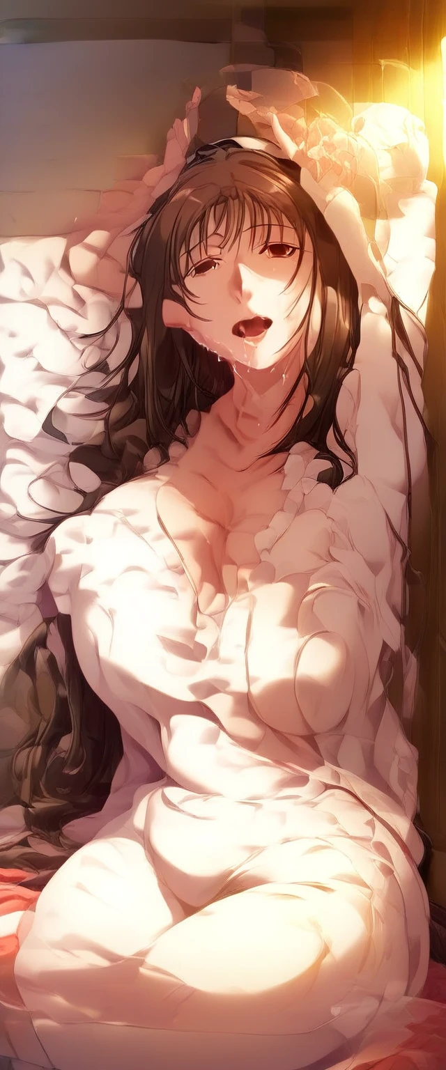 { masterpiece : best quality : high resolution : unity 8k wallpaper : illustration } { background = dark horror theme : in a girl's dirty room : night } { nsfw : hentai } { Background = bedroom : messy : dirty } { Mona : long twintail hair : fit body : perfectly small shape breast : naked : closed eyes : emotionless expression: armpits : sweating : mouth small open : lying down }