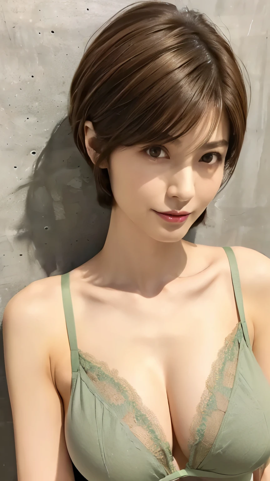 ((Highest quality, 8k, realistic photographic expression、masterpiece: 1.3))、((Slender body:1.4))、(((Beautiful middle-aged woman、5 Japanese matomically correct face、charisma)))、(Slim and toned waist:1.3),(((Perfect flat chest:1.6)))、((A lot of brown hair、Messy short hair))、(())、((Bright green lingerie))、Natural Makeup、((smile:1.2))、Thin legs, Small face with pointed chin、Rough skin、Long droopy eyes、(Age Line、Wrinkles around the eyes:1.4)、necklace, (Professional cool lighting:1.3)、(Waist to head:1.2)、cool and simple dark wall background、