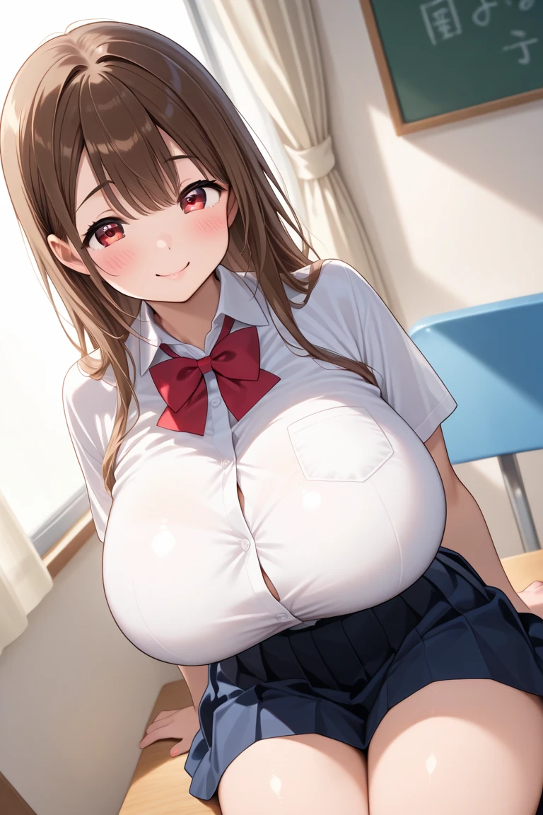 (POV,from below,ceiling,breast focus:1.5),loose school uniform is sheer, button gap,(covered nipples:0.95),breasts,red white gold uniform,(side-tie peek:1.5),(button gap:1.5), white skirt, white top, red ribbon, golden buttons, golden shoulder pats, young adult, 19 years, (embarrassed,blush:1.5),blonde hair,half updo hair, open mouth,brown eyes, beautiful brown eyes, big breast, striking body curves, horny smile, pink lips, tiny girl, cute pose, masterpiece, classroom background, school