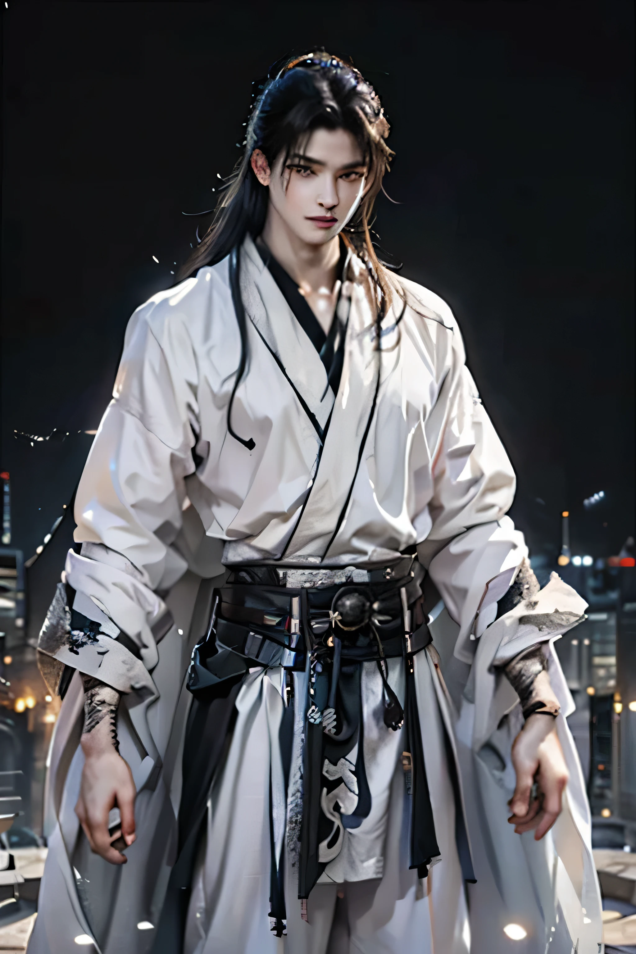 cityscape view, 25 year old Naruto is a true masterpiece with masculine beauty, photorealistic, perfect clear face, perfect eyes, perfect anatomy. charming attractive eyes, Perfect lines, 8K quality, wearing white shirt and white robe, white pants, black long hair, cinematic lighting, intricately detailed, white tetradic color, volumetric lighting, intense expression