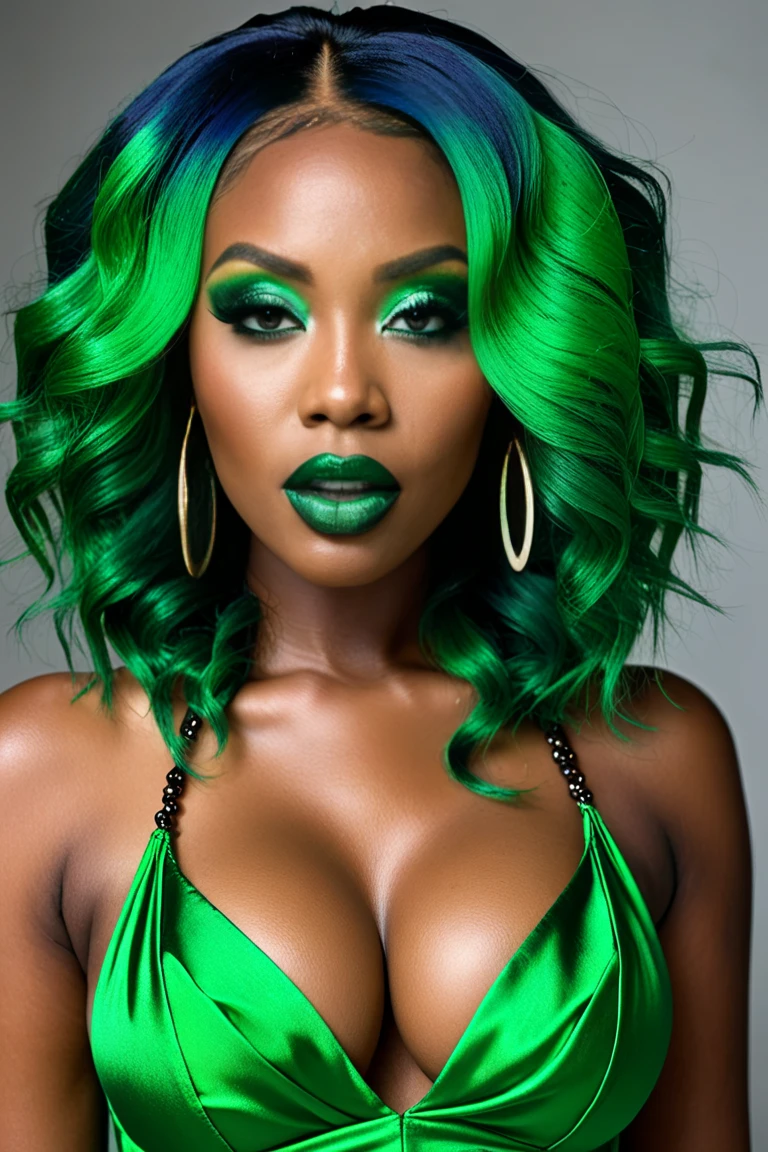 FACE SHOT OF LOVELY BEAUTIFUL BLACK WOMAN, HUGE LONG BLACK HAIR, VOLUMOUS DREAD HAIR STYLE, SOFT BROWN SKIN, JADE GREEN EYES, EXPRESSIVE JADE GREEN EYES, LOVELY FACE EXPRESSION, CLOSED MOUTH, ROSY CHEEKS, HIGH CHEEKBONES, MENTAL FORAMEN, STRONG SHOULDERS, STRAPLESS CLEAVAGE, BLACK STRAPLESSDRESS, BUST IMAGE, FRONTAL ANGLE SHOT, DARK BACKGROUND, DIFUSED LIGHTS, MASTERPIECE