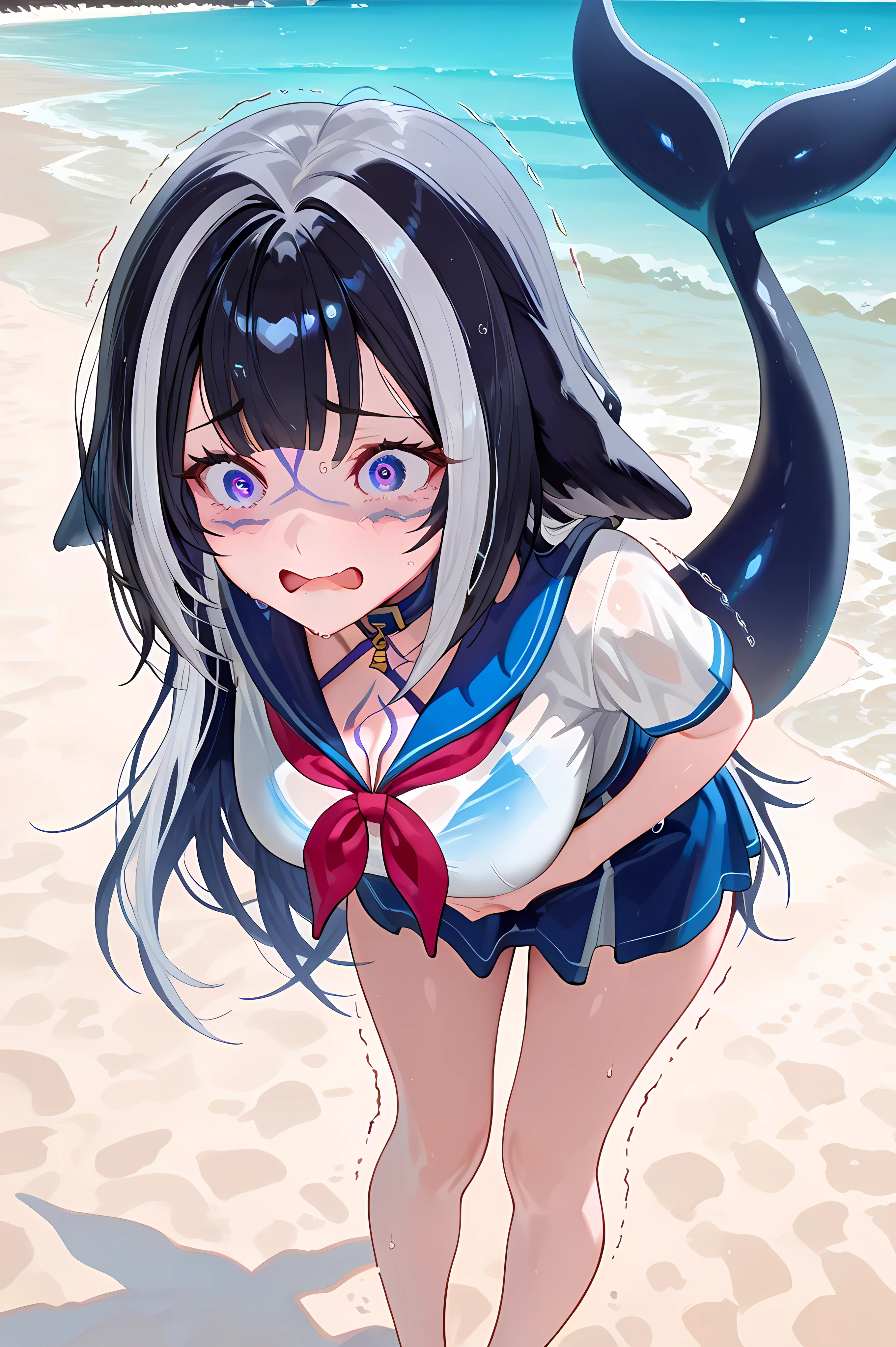 shylily, general, masterpiece, highres, ultra-detailed, hyper-detailed, best quality,  amazing quality, very aesthetic, best hands, best eyes, best hand

adult woman, 1woman, hand on own stomach, sweat,  leaning forward, nervous, scared, trembling legs, on a beach, sunny day, sea