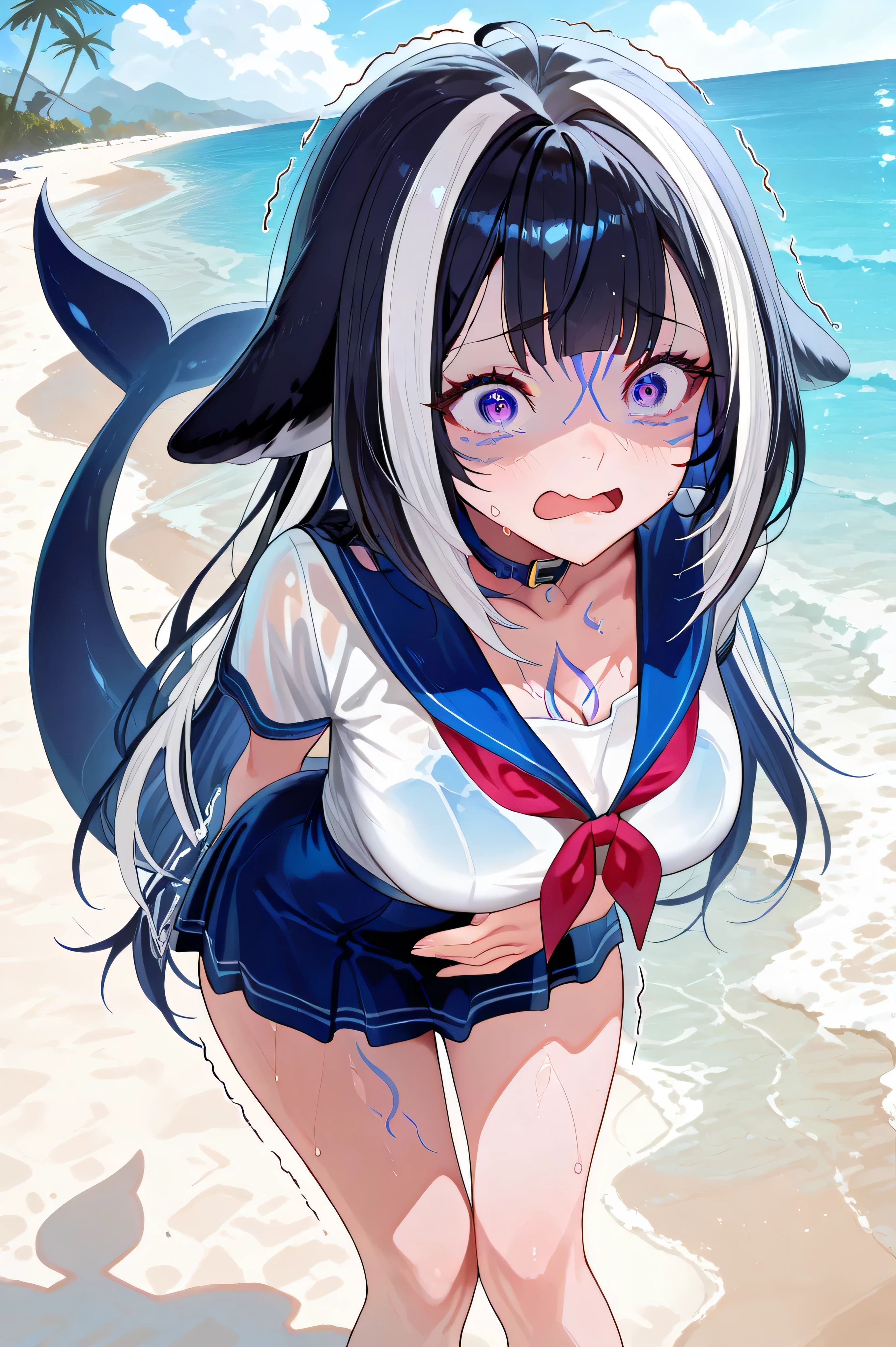shylily, general, masterpiece, highres, ultra-detailed, hyper-detailed, best quality,  amazing quality, very aesthetic, best hands, best eyes, best hand

adult woman, 1woman, hand on own stomach, sweat,  leaning forward, nervous, scared, trembling legs, on a beach, sunny day, sea