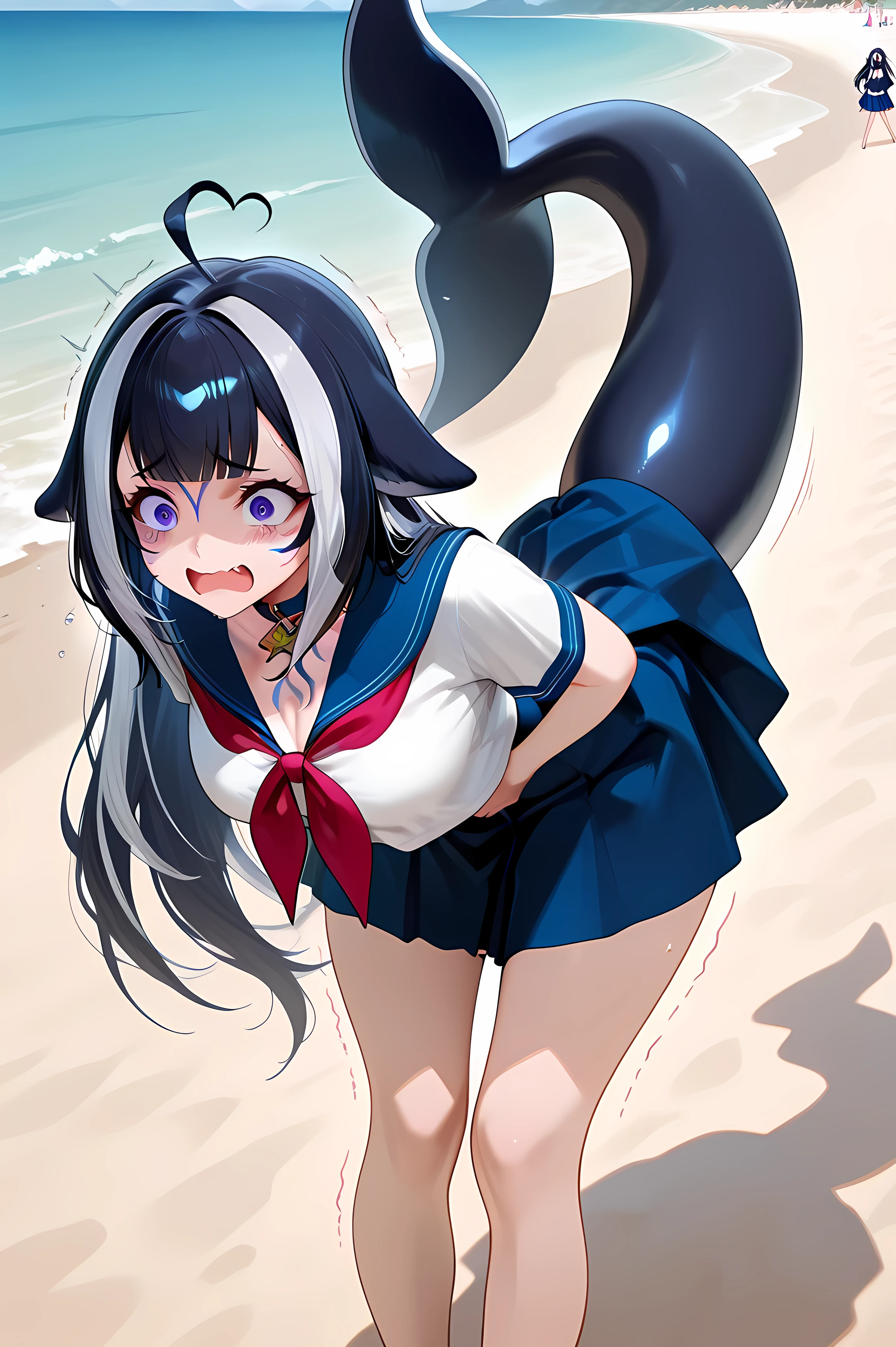  hand on own stomach, sweat,  leaning forward, nervous, scared, trembling legs, ,shylily,cetacean tail,multicolored hair, streaked hair,tattoo, general, masterpiece, highres, ultra-detailed, hyper-detailed, best quality,  amazing quality, very aesthetic, best hands, best eyes, best hand, school uniform, serafuku, blue sailor collar, shirt, white shirt, short sleeves, skirt, blue skirt

proportional, on a beach, sunny day, sea

