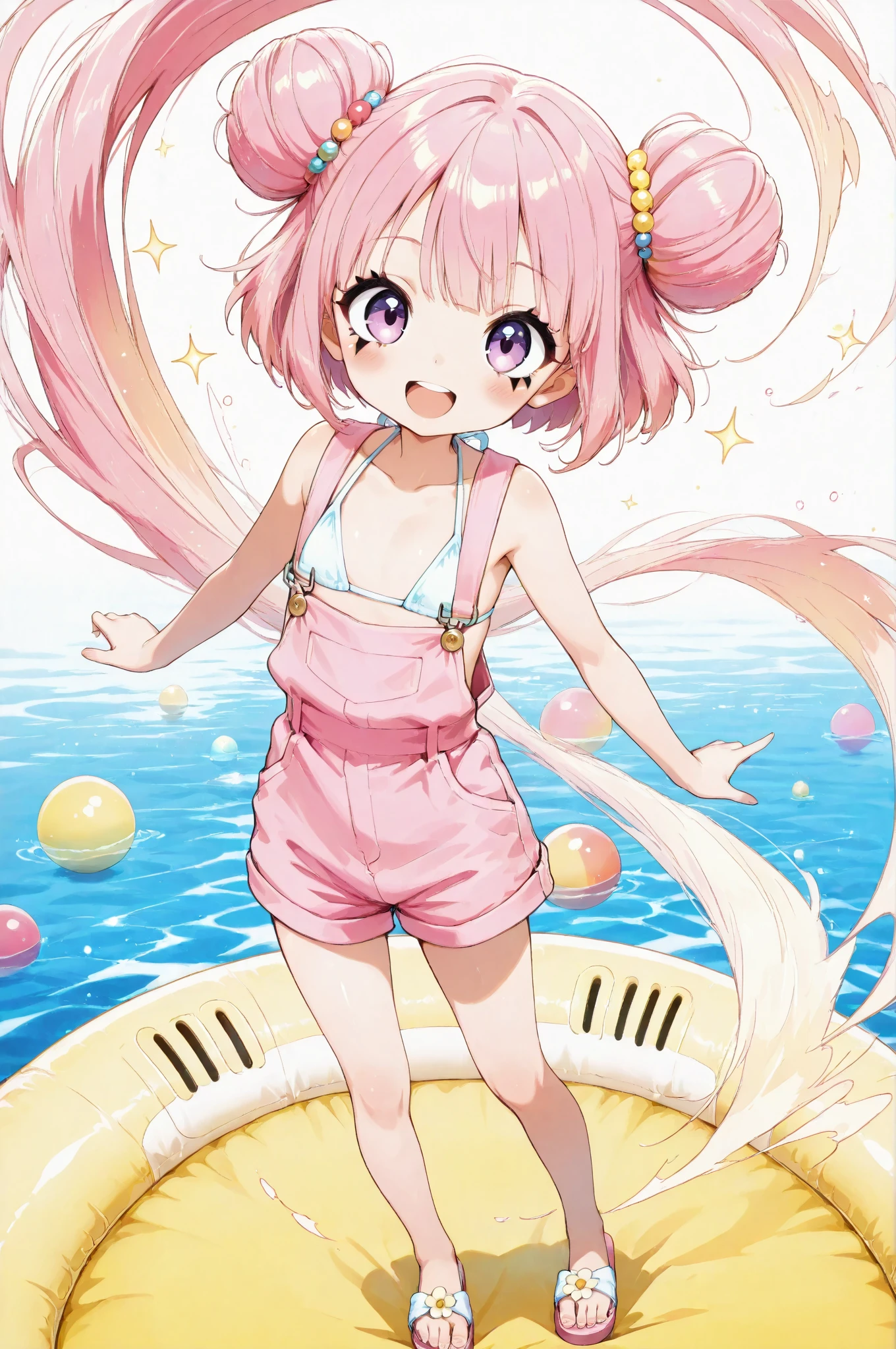 1girl, animal ears, pink hair, long hair, egg, rabbit ears, open mouth, bare shoulders, flower, smile, blush, spread legs, solo, water, rabbit, :d, white background, green eyes, easter egg, animal, strapless, frills, bangs, hairband, collarbone, bare arms, sitting, looking at viewer, pink flower, very long hair, one-piece swimsuit, simple background, bare legs, partially submerged, blue flower, head tilt, hair ornament, yellow flower, swimsuit, covered navel, hair bun, barefoot, naked towel, single hair bun, pink one-piece swimsuit, hair flower, onsen, easter, fake animal ears, casual one-piece swimsuit, red flower, rock