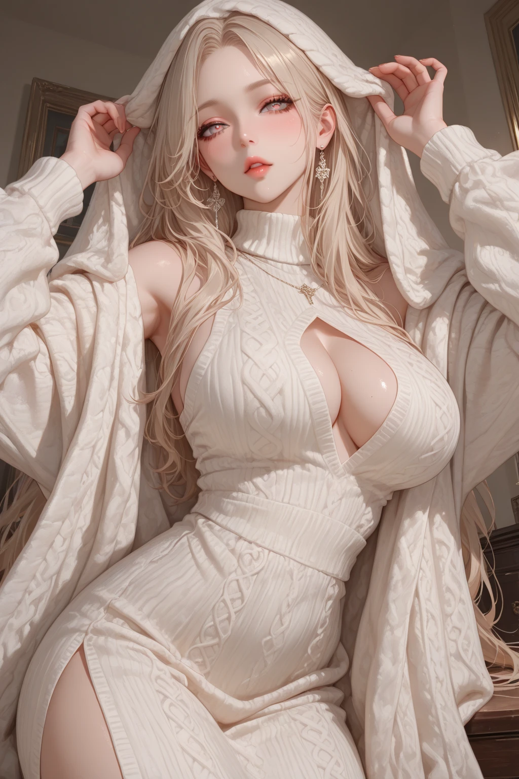 masutepiece、Longhaire、side locks sharp eye、big eye、Beautiful skin、beautiful countenance、Red Eyes off shoulders、purple knitted dress、Off-shoulder knitwear、White Hair Band、earrings、Gold Earrings Tall lady、独奏、clong legs Hand masturbation、Boldly open legs、Mansuji、、femaleejaculation、female Background with、Bedrooms, Remove clothes on body:1.3, Show breast, show boobs nipple, show pussy , girl pussy , she seen back, back body