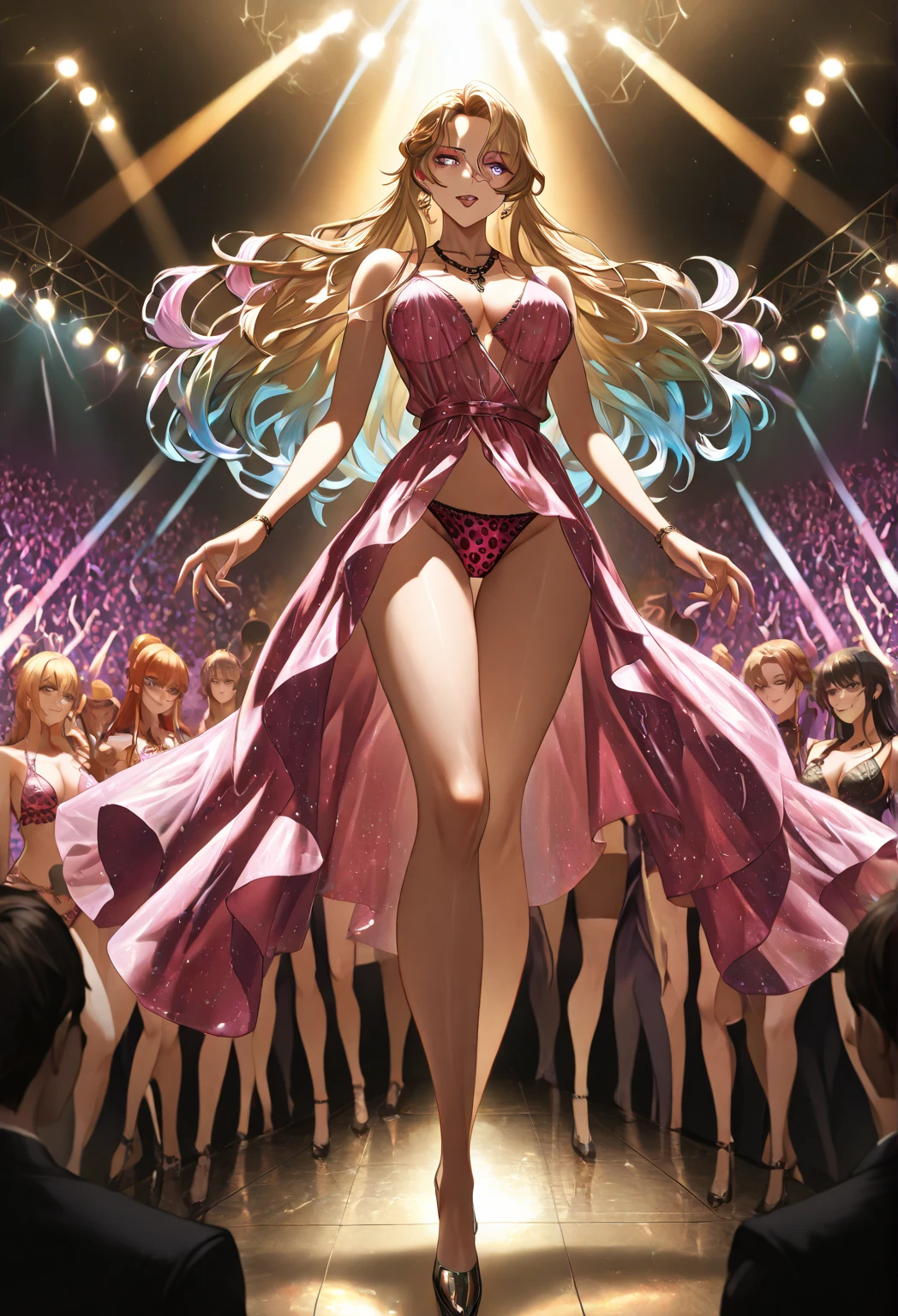 ((8k)), ((32K)), ((Highest quality)), ((masterpiece)), ((Ultra-high resolution)), ((Tmasterpiece)), (((from the front:1.6)))、((8k)), ((32K)), ((Highest quality)), ((masterpiece)), ((Ultra-high resolution)), masterpiece, Highest quality, Ultra-high resolution, Highest quality, anime調, Best writing, Beautiful Face, (anime:1.1), Highest quality, masterpiece, (((Line of sight(chest)、perspective(chest)、Face direction(Down)Eyeball angle(Down))))、1 girl, Shelley Nome, Colorful Hair, Blonde, Pink Hair, Gradient Hair Long Hair, Big Breasts, blue eyes, Mature Woman, Looking at the audience, Sheryl Nome ,Costume ,Macross F, anime, Cosplay, Galactic Fairy, ステージCostume ,Fashion Stage、Spotlight、Giant screen(映し出されるNipples,Multiple sheets)、Nipples、Expose、The spectators cheer,From before,Uplifting,Nipplesポロリ,Clothes get torn,expression(blush,tears,cry)shame、feel、cry、Struggling、narration、Commentary、Nipples勃起、Delighted fans、A packed venue、Penlight、Professionalism、live、pride、growing up、worries、distress、performance、effort、panic、trouble、Nipples、accident、chestを隠す、I try to hide it but I can't、(Photograph the whole body)(looking down:1.2),Create a detailed and realistic illustration of Sheryl Nome from Macross Frontier. She should have long, wavy blonde hair and blue eyes. Her skin should be fair. Please dress her in her iconic gold stage outfit from the "Lion" performance, including large earrings, bracelets, and a necklace. She should be holding a microphone and singing with one hand raised, showing a confident smile. The background should depict a concert stage with spotlights and silhouettes of the audience. The art style should be realistic with detailed features, maintaining the anime influence but with a realistic touch.