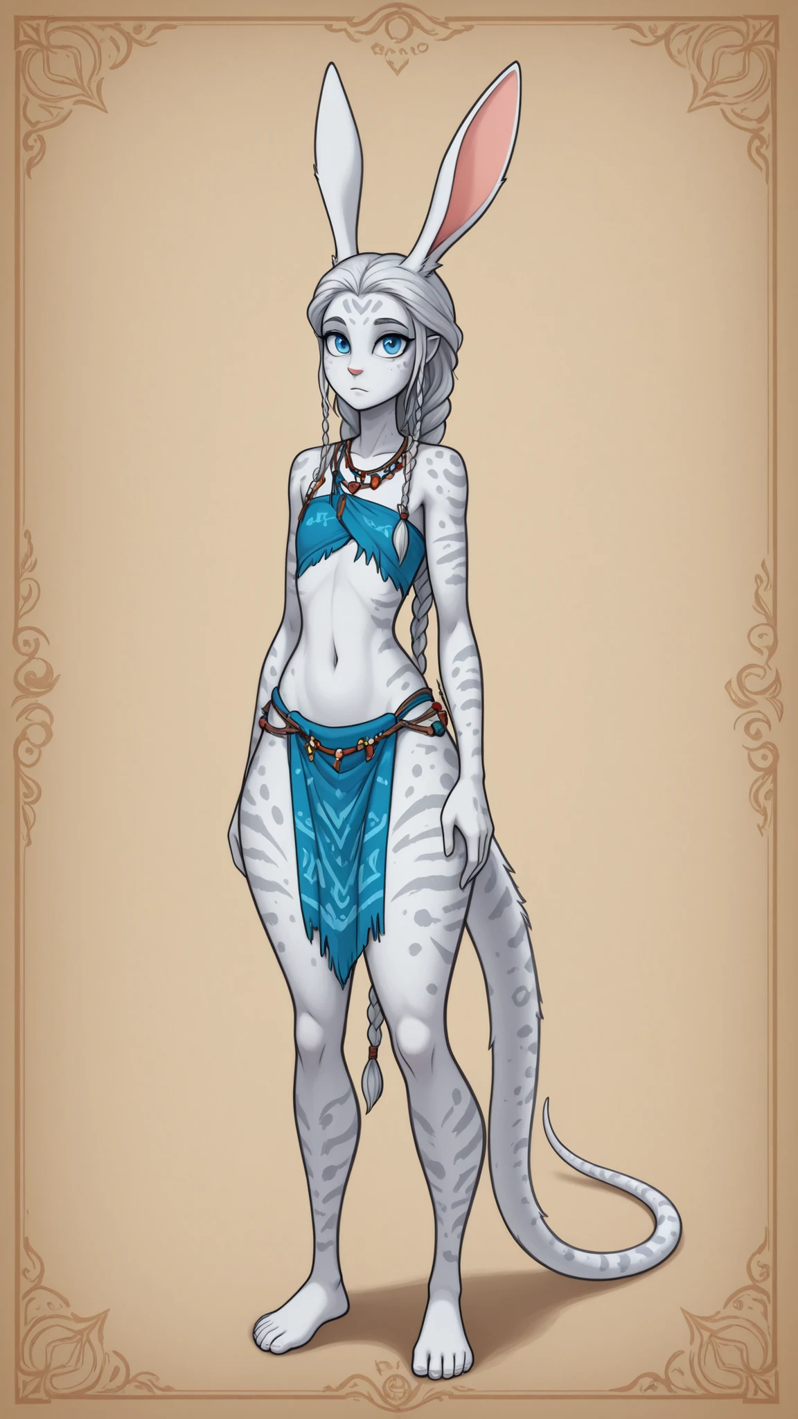 tall humanoid alien , mix of rabbit and Na’vi, long rabbit ears, long tail, slender pure white body, long flowing silver hair with braids, blue large eyes, tribal look, highly detailed, spots patterns on body. She has a elongated neck, curvy body, thick thighs and flat chest. she wears an tribal short outfit made of feathers and beads. 8K ultra HD, high quality, 2D cartoon style, incognitymous art style, full body, bold black outlines