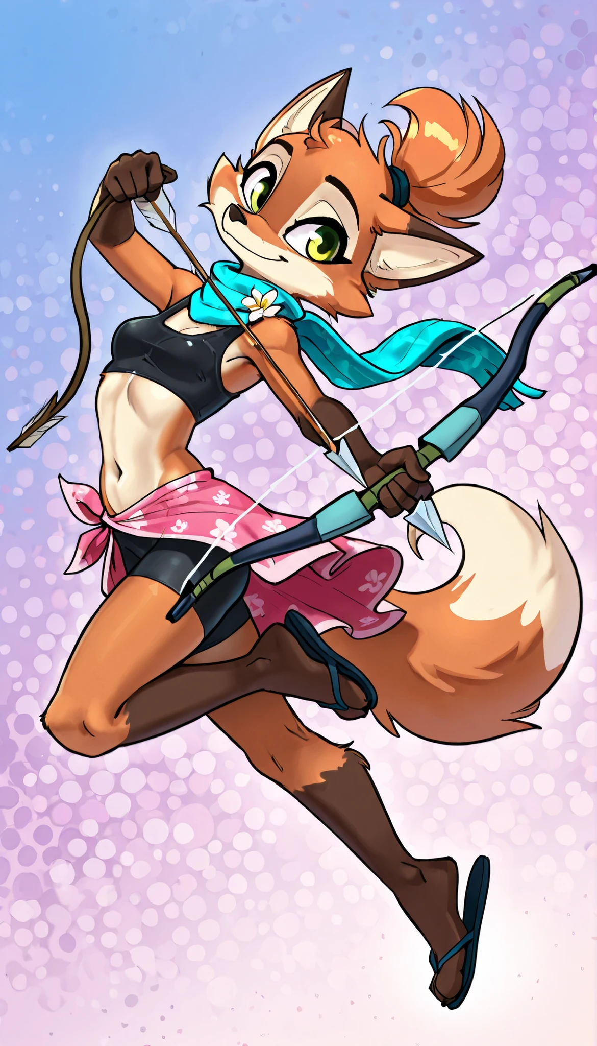 score_9, score_8_up, score_7_up, 1girl, source furry, absurdres, masterpiece, best quality, amazing quality, siroc, solo, dynamic angle, fleetfox, furry, fox, orange fur, green eyes, female, short hair, spiky pointed bangs tuft, fleetSummer, black tankini, midriff, black bike shorts, navel, scarf with flower pattern, pink sarong, flip flops, full body, feets with three toes, small breasts, ponytail, side view, smile, jumping, smile, holding weapon with one hand, bow weapon, archery, arrow focus, action pose, abstract background, 
