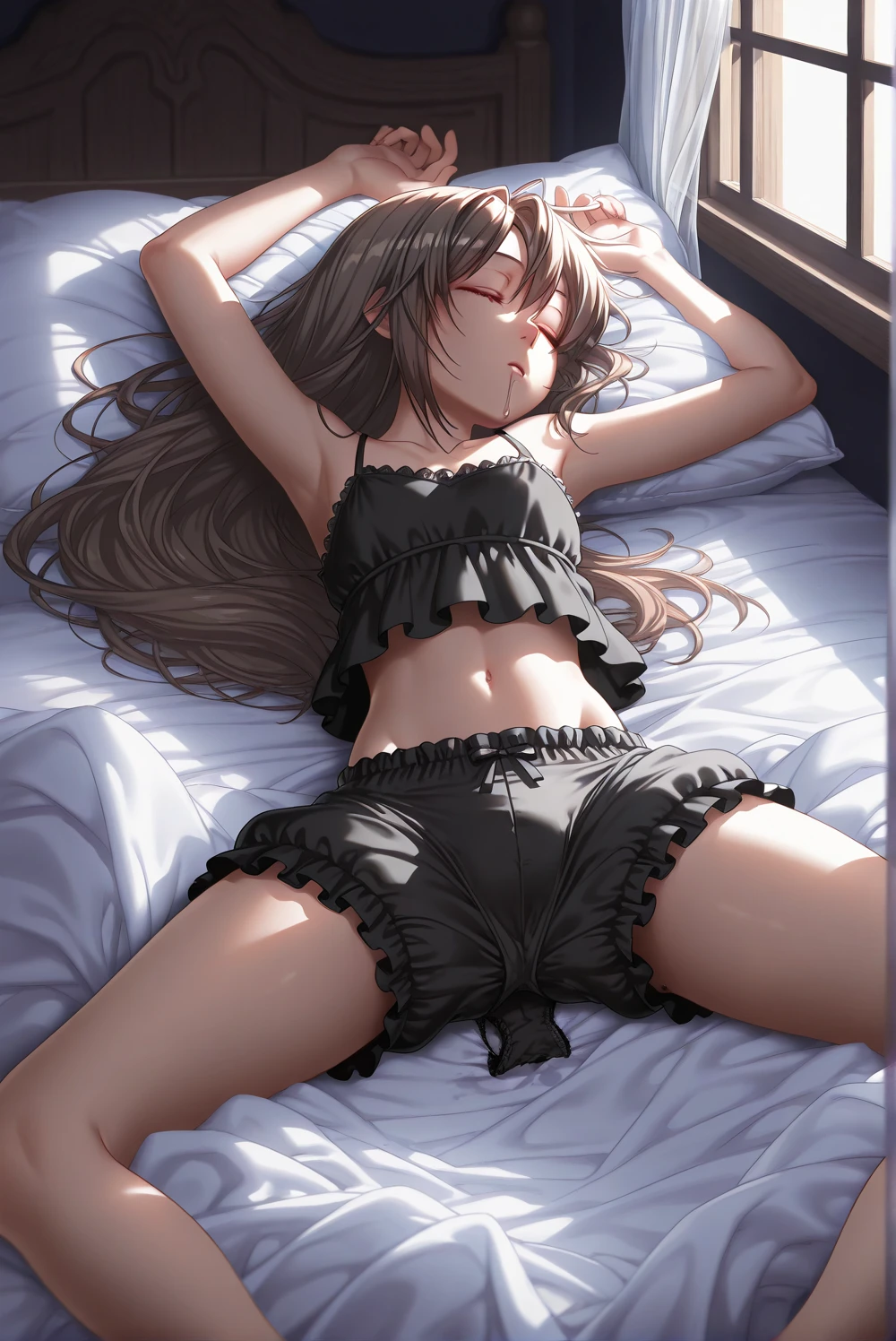 high angle, looking at viewer, looking ahead, from above,cowboy shot,1 girl ,Lying in bed,Beautiful girl at 13 years old,Japanese,,,Small and slim,Flat Chest,Small breasts,Baby Face,Small face,Black Hair,Twin tails,Grey Eyes,middle School girls,Sexy Lingerie,handcuffs,Blindfold,open mouth,tongue out,Beautiful and detailed anime art,puzzled look,Sexy vibe,cum on tongue,Dark Room,Moody lighting,