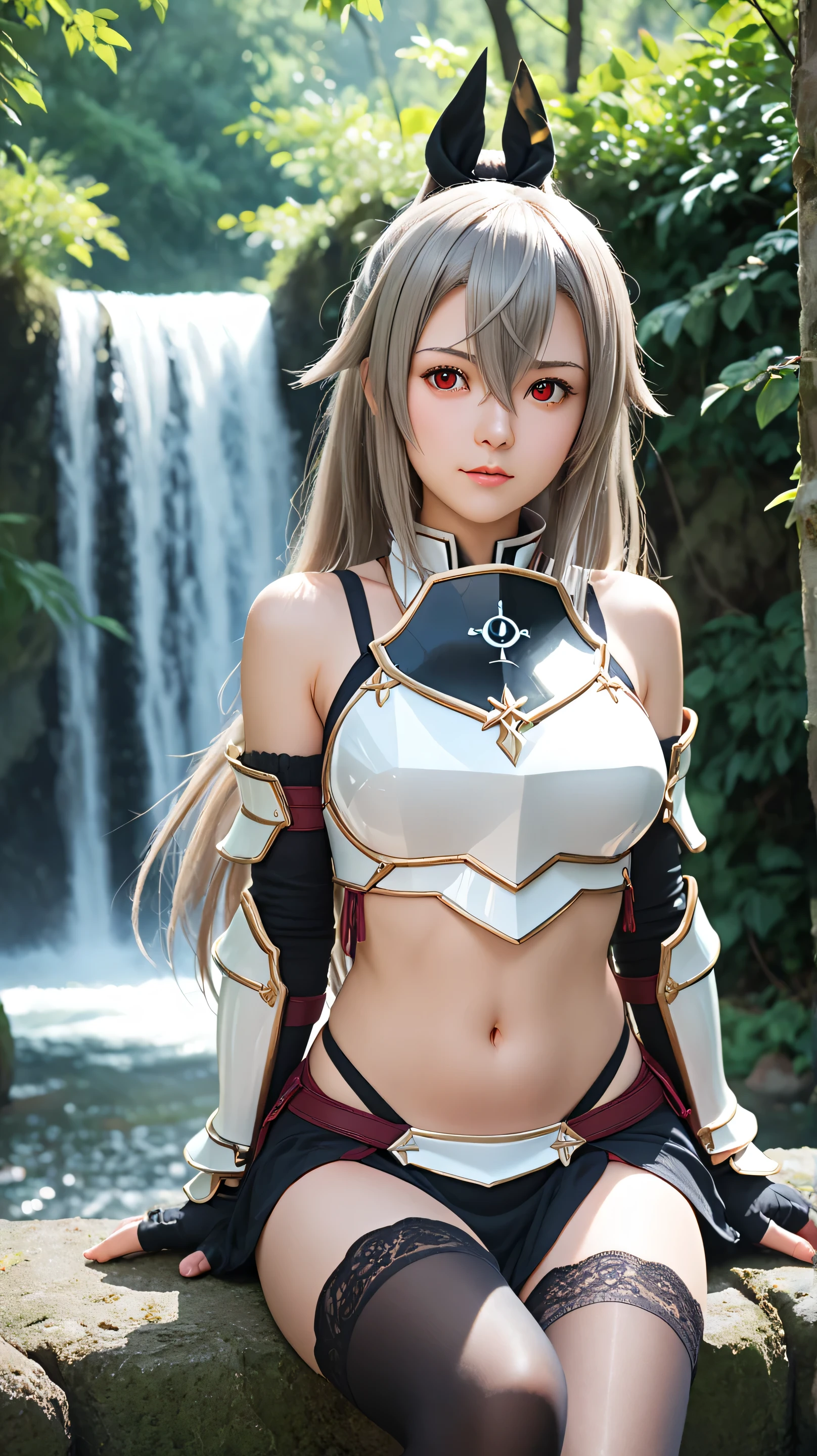 1girl, solo,eydish,red eyes,gray hair,long hair,outdoors,potrait,medium breast,forest,(half body:1.4),front view,sitting under waterfall,waterfall background,looking at viewer,hair between eyes,(wear stockings:1.3),bikini armor,(close up view:1.2),navel,bare shoulders, black glove