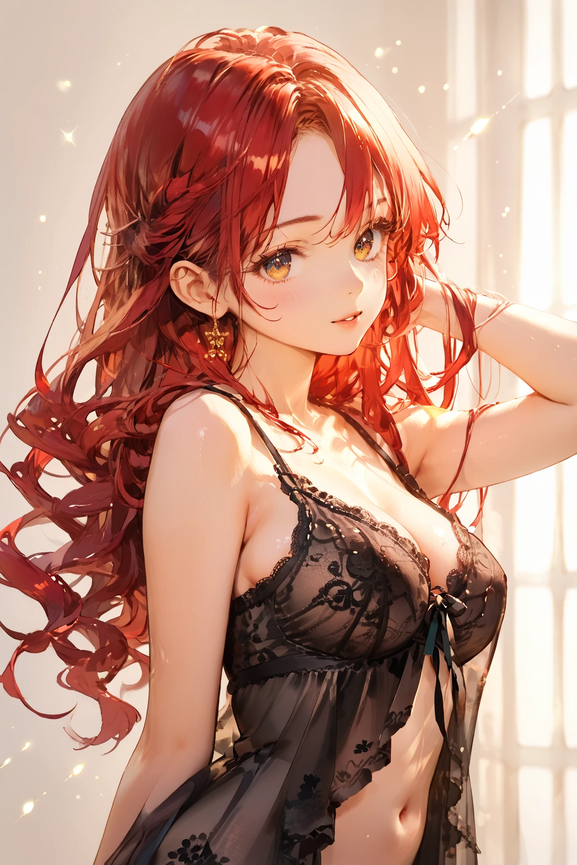 young cute anime catgirl, dark red hair, deep green eyes, cat ears and cat tail, beautiful and seductive look, anime style, closed mouth beautiful smile, small lips