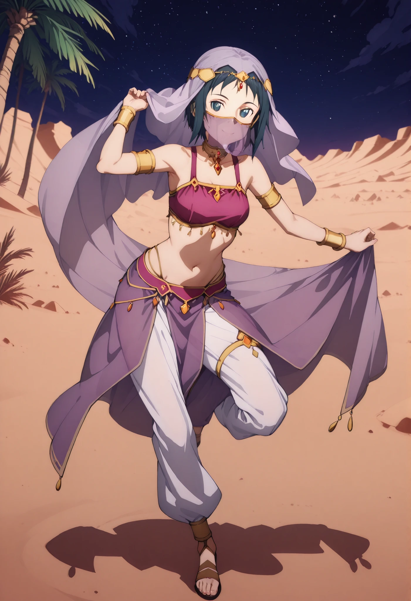 (1girl:1 . 5) , (Seul:1 . 5) , score_9 , score_8_haut , score_7_haut , source_anime , Official work , ultra-detailed , masterpiece , best quality selfie snapshot , high res , beaux yeux , detailed eyes , detailed face , beautiful detailed eyes ,Sword Art Online,Ronye Arabel,Arabian Clothes , Arabian Dancer ,belly dancer costume ,mouth veil,full body, golden jewelery,armlet, belly dancing,night,desert lands, palm tree, seductive smile, dancing with veil, dynamic movement,dance posture, seductive pose