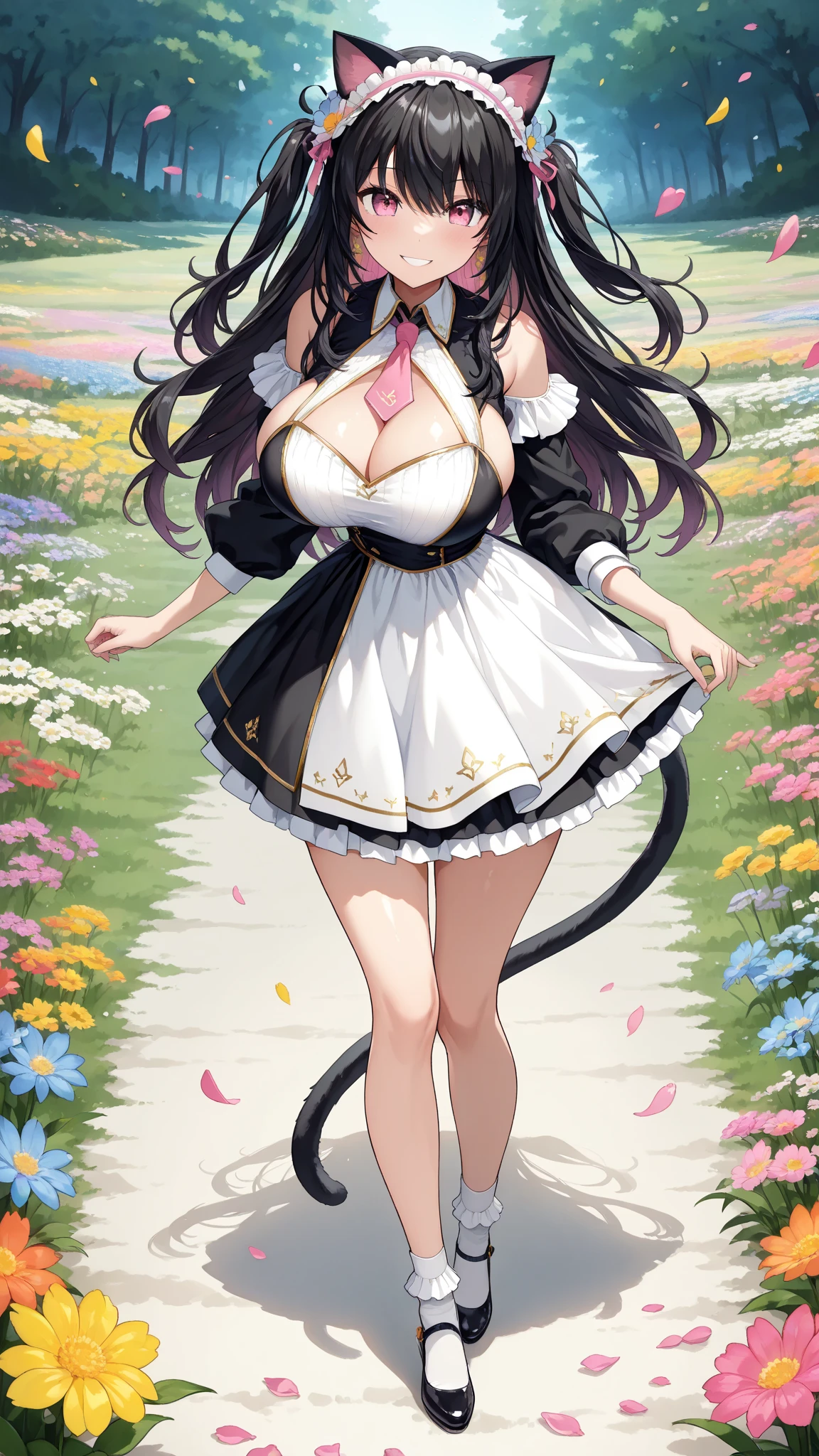 <lora:lcm_lora_sd15:1>,
(masterpiece,best quality,8k,beautiful and aesthetic:1.2),
solid-best-physical-appearance-perfect::2,
cosplay,(HUGE BREASTS:1.2),wind,(floating hair:1.2),PERFECTEYES EYES,narrow_waist,slender,skinny,(dynamic_angle),sexy posture,
<lora:(x*})l4f}_(aann]QKR)h<.MerkuriaCatV1:0.8>,
black hair,long hair,pink eyes,cat ears,animal ears,
full-face blush,blush,smile,open mouth,covered nipples,
merkuriacat,naked apron,(animal hands),cat paws,paw gloves,cat girl,gloves,frilly apron,white apron,((black stockings)),(no shoes),
((on_back)),spread legs,(anal tail:0.7),
outdoor,in a meadow,
<lora:[R]Xn}0{LORA.add_detail:0.2>,
<lora:[OMQ*S][vw<w[.locon_perfecteyes_v1_from_v1_64_32:0.6>,
