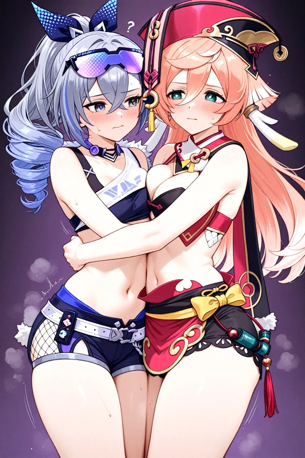 傑作、最高品質、胸、2女の子、胸の谷間、anime,full body ,(masterpiece), (high quality),anime style,20's female,shining eyes,micro bikini,cool woman,tattoo,WHITE hair,black gal,boyish,full body,from a distance,yukata,back ground casino ,gamble,COOL FACE,
