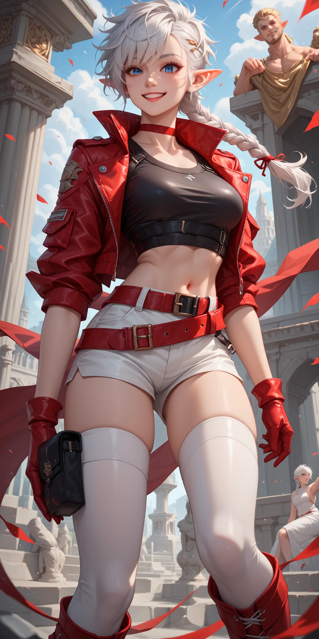 (female:1.2), 8k, ultra hd, ultra detailed texture, hyper realistic, masterpiece, detailed texture, detailed face, detailed skin, detailed lighting, (photorealistic:1.5), best quality, beautiful lighting, cinematic lighting, professional lighting, ultra highres, realistic, detailed hair, real hair, high quality, (realskin:1.5), extremely detailed, finely detail, ultra-detailed, 1girl,standing, forehead protector, (green eyes:1.5), lips, red lips, evil smile, nose, make up, pretty, beautiful, long hair, white hair, high ponytail, large breasts, cleavage, armpit, navel, stomach, pauldrons, bare shoulders, thigh high, sleevless, detached sleeves, breastplate, gauntlets, depth of field, looking aways, white skin, skin tight, amazing pose, outdoors, glowing, dark view