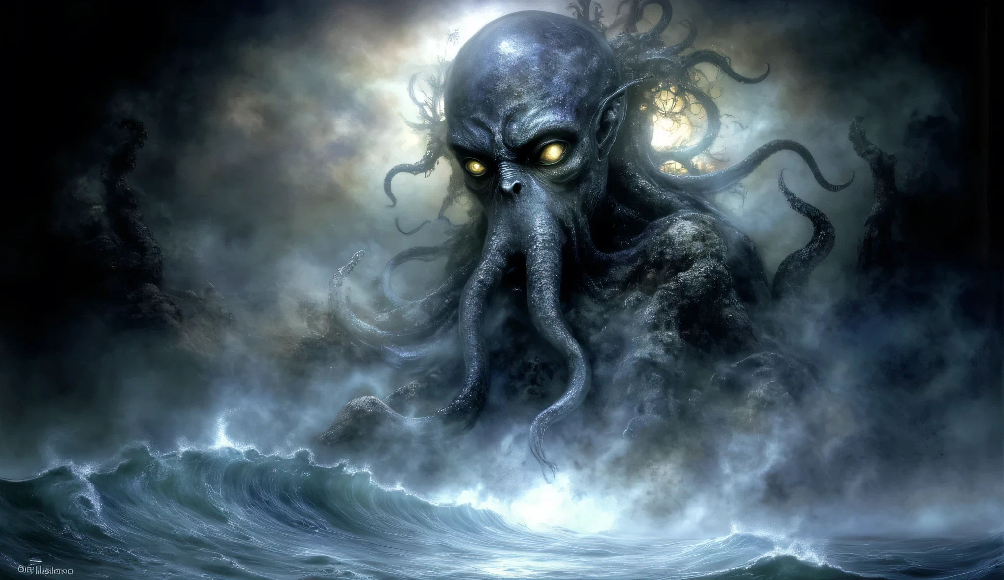 Eldritch horror digital painting. Cthulhu emerging from the depths with glowing green eyes. It's massive tentacled face partially obscured by swirling mist, dark ocean waves crashing around it's colossal form, eerie bioluminescent glow, low-angle cinematic shot.