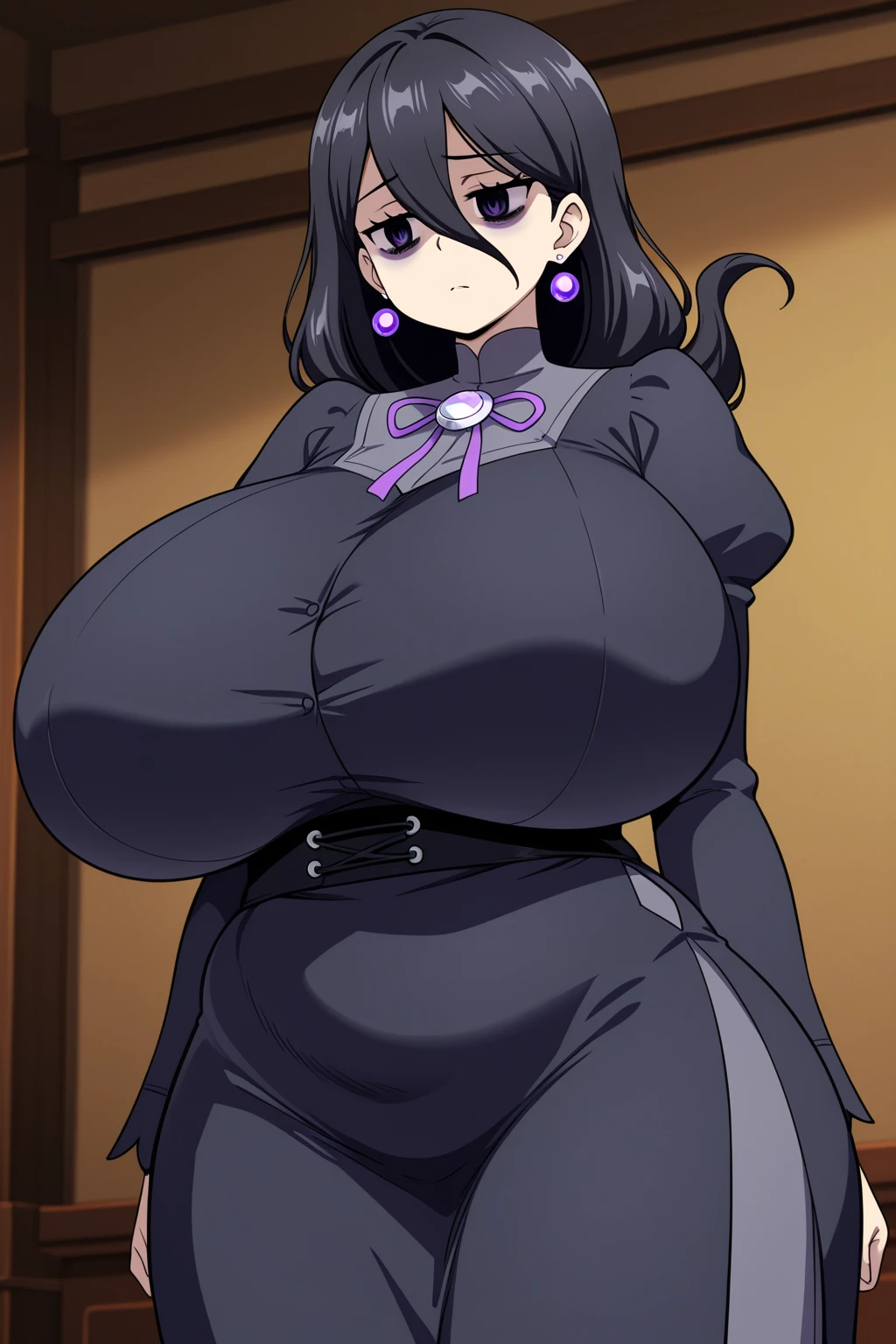 ((high aesthetic)), art by kipteitei, absurdres, absurd resolution, highly rated, highres, art by kipteitei, high resolution, best quality, masterpiece, full body, (facing viewer), 1girl, ((solo)), indoors, clothed, perfect face, perfect eyes, neneneji, tight outfit, smile, natural skin texture, 4k textures, hdr, intricate, highly detailed, puffy lips, thick lips, hyperdetailed, mature female, black hair, long hair, straight hair, bangs, parted bangs, blue eyes, purple dress, jewelry, weightobese(wide hips, bloated belly, massive thighs, big breasts, gigantic ass), bottomheavy