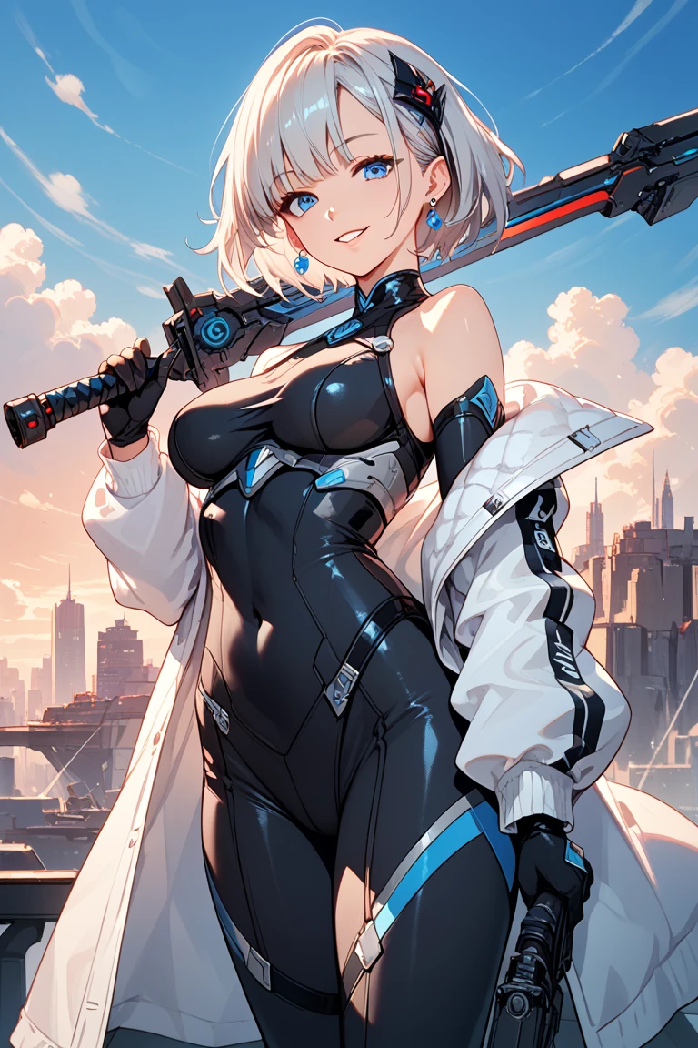 Blue leotard，High leg，Over the city, Preparing for battle, Detailed art photos, Beautifully detailed face, dream-like, burn, Backlight, Glamour, Shine, Shadowy, Oil on canvas, Strokes, soft, Ultra-high resolution, 8k, Unreal Engine 5, Super focus sharp, ArtJam, Reusch, Hmph, An exquisite masterpiece, Threatening, Matte Painting Movie Posters, Golden Ratio, CGsocietyTrend, Complex, Spectacular, Very detailed, Vibrant, Creating movie characters, Quality Model Ultra High，