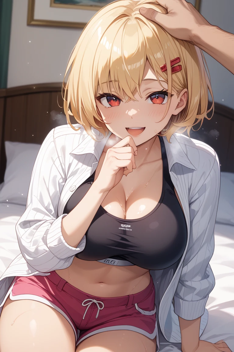 Blonde ponytail, busty, cleavage, unbuttoned school uniform, skirt, smiling, (blushing:1.3), classroom background, leaning forward on table, (pov), glowing eyes, necklace, earrings