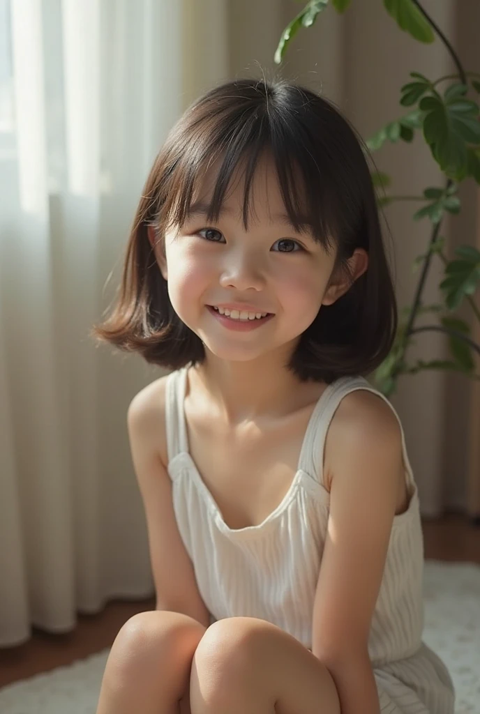 One girl,summer,Inside the room,sofa,Sit down,Black Hair,short hair,Put your hair on your ears,Navy blue tank top,skirt,smile,6th grade elementary school,Handsome face,Pure school,front,Small bulging lines on the chest,Look here,transparent,  Soft Light,(masterpiece, Highest quality), Structure of the film, Like a movie