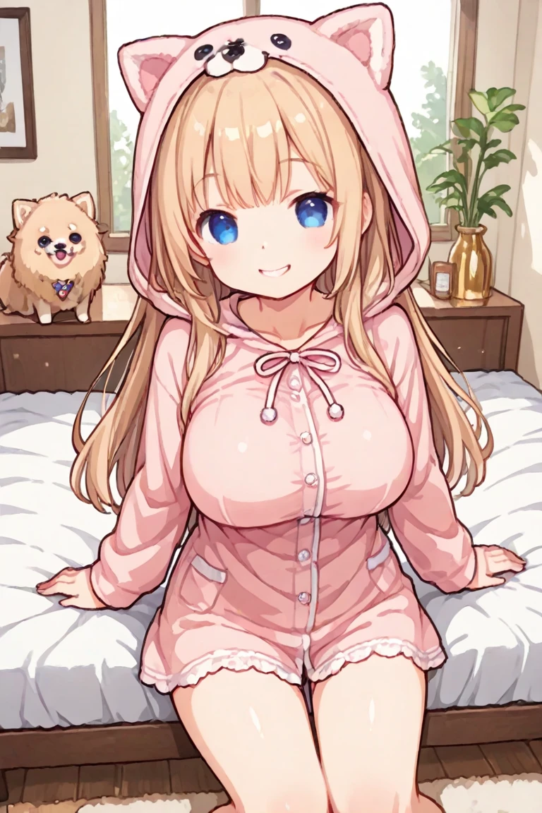 sidelighting, finely detailed beautiful eyes, big eyes,1girl,huge breasts, lace trim bra, long sleeves,miniskirt,:d,(animal kigurumi pajamas:1.2),