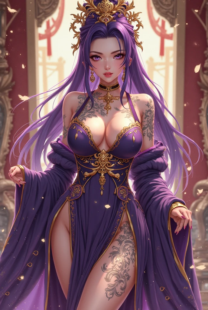 (best quality, highres, masterpiece, ultra-detailed, intricate details:1.2), volumetric lighting, (full body shot, wide shot:1.4), nsfw, 
1girl, evil queen, (dark purple hair, middle parted, long hair, straight hair:1.3), pink eyes, glowing eyes, (pale skin:1.4), <lora:weight_slider_v2:-0.4>, <lora:curly_hair_slider_v1:-8>, 
huge breasts, cleavage, sagging breasts, thighs, (skindentation:1.3), (detailed skin, body freckles, navel:1.3), (mole on breast:1.2), forehead mark, body blush, (large areolae, areola slip:1.3) <lora:saggingBreasts_v10:1>, <lora:breastsizeslideroffset:0.4>,
(revealing clothes, clothing cutout, sleeveless:1.5), (see-through,  black pelvic curtain, underbust, navel cutout, cutout below navel:1.5), high heels, off-shoulder, crown, (low neckline, plunging neckline:1.1), (body jewelry, choker, necklace, earrings, forehead jewel, bangles, armle, pubic tattoo:1.5), (wearing a lot of jewelry, thigh strap, navel piercing:1.2), no bra,<lora:breast_curtains:1> (breast curtains, black breast curtains:1.3), no pants, bare legs, (no panties:1.2), (highleg:1.2), (nipple piercing, covered piercing:1.4), lace trim, 
seductive, (hand on own chest:1.3), (sexually suggestive, sway back, pelvic curtain aside:1.4), long fingernails, (sitting, crossed legs, sitting cross legged on the throne:1.2), 
middle easter styled castle, arabic castle, surrounded by people, throne room, pillars on the side, people, people in the background, audience, crowd, heavily decorated throne, decorated room,
<lora:ntrman:0.6>, ntrman,<lora:Ukiyo-e:0.2>, ukiyo-e,<lora:Sasha_Khmel_style_v1-10:0.4>, by Sasha Khmel, <lora:ARTSTYLE_kenkellyfantasyart_ownwaifu-15:0.4>, ARTSTYLE_kenkellyfantasyart_ownwaifu,
<lora:add_detail:0.5>, <lora:detail_slider_v4:3>,    <lora:Smooth belly_v1.3.2:1>, <lora:GoodHands-vanilla:1> <lora:zoom_slider_v1:-5>