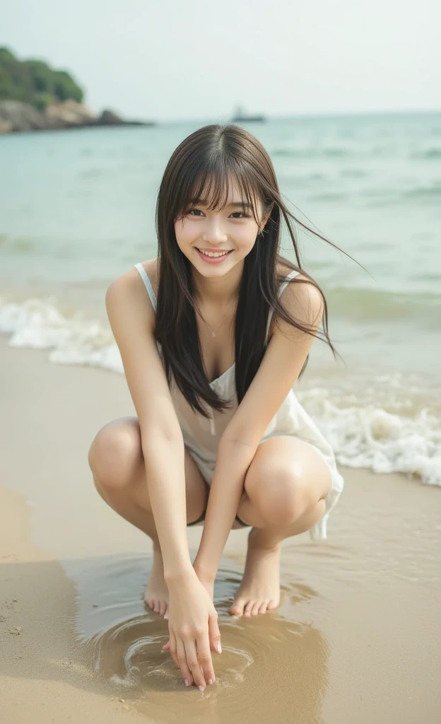 8K、sea the background of, erotick, petite person, See-through clothes, (slim, Small, Flat, Small), Twin-tailed, Photorealistic, detail, (Detailed skin texture:1.15), Ultra Detail, Wear sandals, delicate sexy collarbone, Smile, Super Detailed Face, Detailed lips, Detailed eyes, 13 years old girl, Delicate eyebrows, Little baby face, Professional Photography, South Island Sea, full body