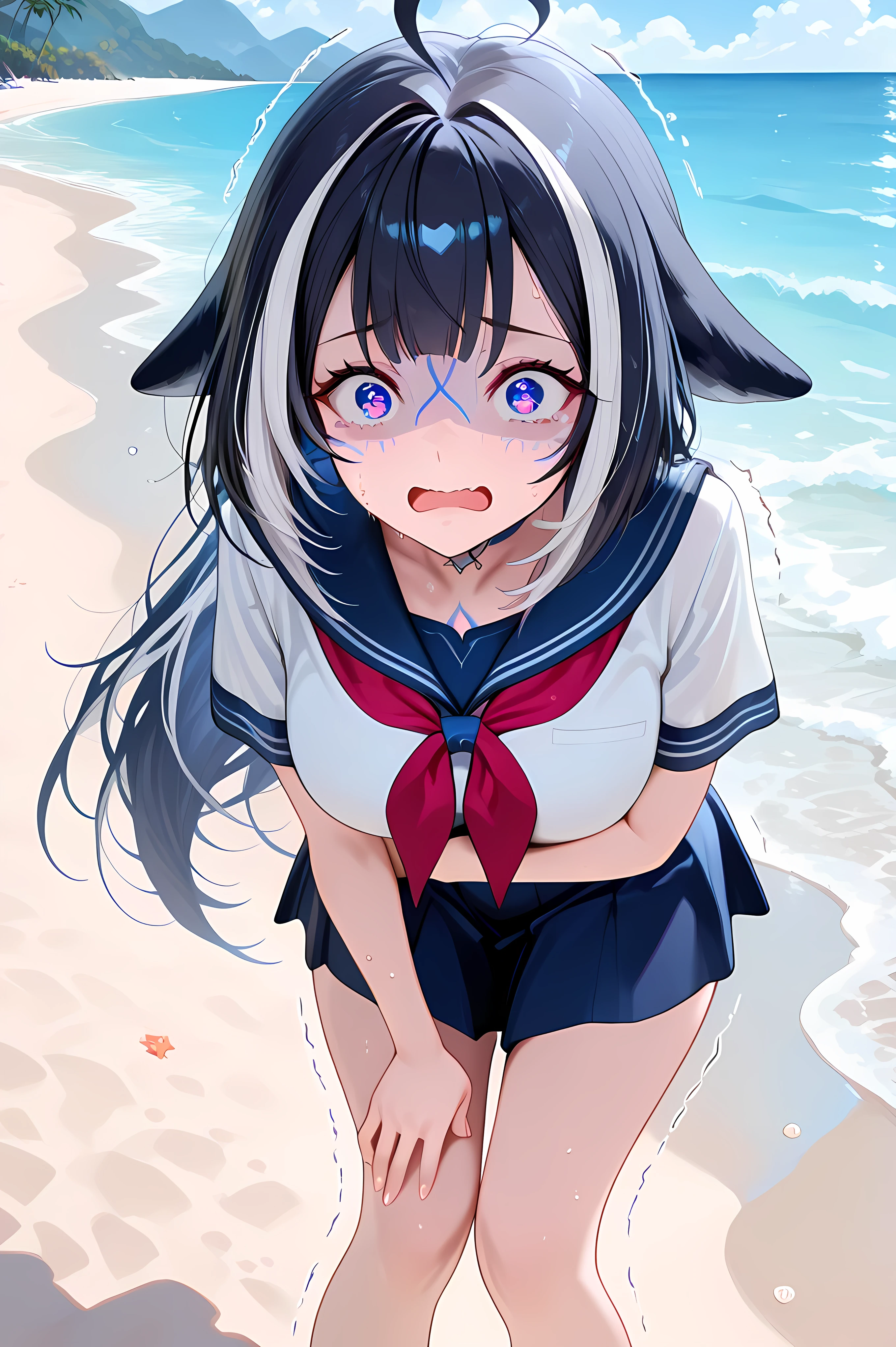 Solo, shylily, general, masterpiece, highres, ultra-detailed, hyper-detailed, best quality, amazing quality, very aesthetic, best hands, best eyes, best hand, school uniform, serafuku, blue sailor collar, shirt, white shirt, short sleeves, skirt, blue skirt
adult woman, 1woman, hand on own stomach, sweat, leaning forward, nervous, scared, trembling legs, on a beach, sunny day, sea