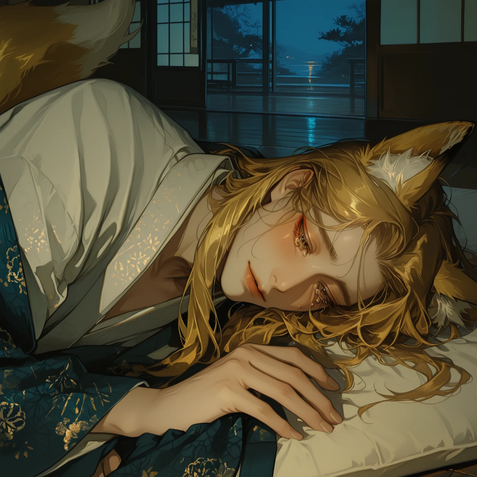 （masterpiece，best quality），my own, The Beast, , (适合任何Pillow背景的光影））, 穿着pajamas可爱女孩在Pillow上摆姿势 ，pajamas，Nature,, (blush),a smile，Pillow头,（很多Pillow），Soft cushion，，Soft pillow quotation，（Pillow损坏），很多Pillow，（Crotch rubbing），（（Pillow驼峰）），（Pillow），（A tail），，（充满细节的Pillow），（Love around the protagonist），Steam，（Pillow头），（），（豪华Pillow），（Pillow），（palace），（Palace bedroom），（Pillow），柔软的Pillow，，（Classical European style bedroom ），（excited，shy person，Lack of expressiveness，），，pillow ,my,tiger tail,tiger ears,Tiger pattern，，Sweat，，Sweaty，(Body swing，身体Shaking lines，Shaking lines)，best quality, masterpiece, ((Maximum resolution)), artwork, ，,,(Interior of the palace),(In the bedroom at night),(Deluxe Rococo Canopy King Bed),On a big and spacious bed,(the 女孩 is lying on the bed),Before bedtime,,,Luxurious curtains with ornate ruffles and ribbons surround the bed,((((There are many pillows piled on the bed)))),Detail of Quilt,Detailed bed sheets,Ruffled Bed Skirt,Deep Bed,Background with depth,((详细的Pillow)), ((((大量的Pillow))))，peeing，squatting，water,,Shaking lines，wetting pillows,Flowing liquid，Violent body shaking，剧烈Shaking lines，详细的软Pillow,,((女孩正躺在许多柔软的Pillow上,周围有许多Pillow))，Splashed liquid，Pillow和床上有水迹，caughtpeeing,Lots of liquids， everywhere,