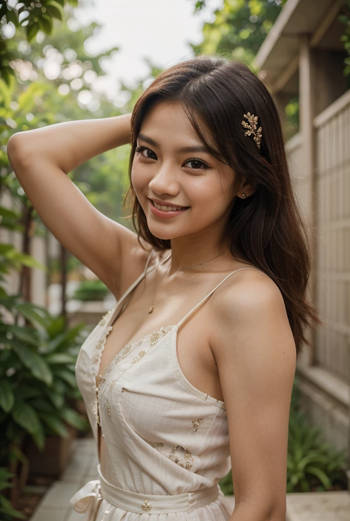 masterpiece, best quality, 8k, 85mm portrait, absurdres, (indonesian girl adult)), ((perfect beautiful face, perfect eyes, perfect lips, perfect nose, big tits)), ((ultra realistic, highres, photography, sharp focus, HDR, soft lighting, highest detailed, extreme detailed, ultra detailed, finely detail)), ((realistic skin, smooth white skin)), ((wear spaghetti straps tank top, short pants)), full body view, ((random pose)