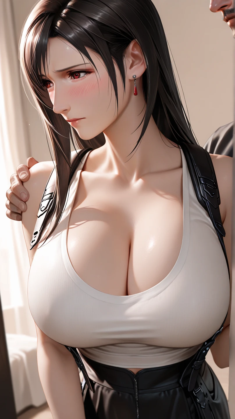 nsfw,One lady,Spread legs,Be undress,huge tit,teats,vaginal,Naughty look,flushed cheeks,Look at the viewer,​masterpiece, Ultra-thin and beautiful,defTifa, White crop top, elbow pad, fingerless gloves, suspenders, pencil skirts, The upper part of the body, looking at the viewers, leaning-forward, Night city