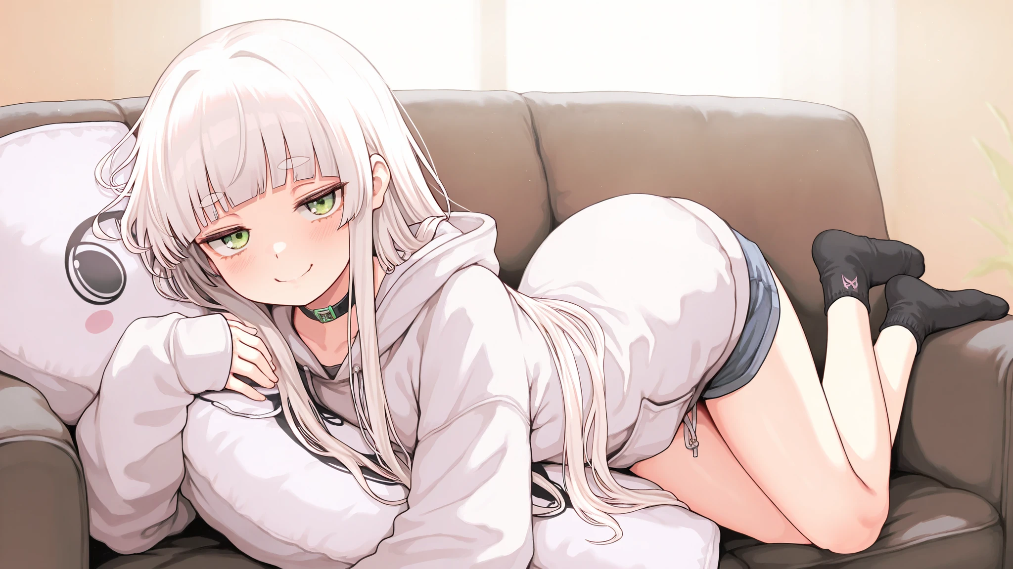 Highest Quality, Ultimate Details, 8K image quality
White Haired Girl,long long hair,Blunt bangs,thick eyebrows, Green Jade Eyes,Saggy Eyes,Eyes facing obliquely,Toro eye, Kyodong expression, lie down,oversized hoodie, Relaxed Hoodie,denim shorts,ankle socks,collar choker,adorable face,Innocent Gaze, Tilt your head, well-groomed face, slender body, Delicate Body, Lovely Gesture,pure gaze,Strange Expression,Soft Light,Living Room,sofa,cushions, body pillow,Sock Toe