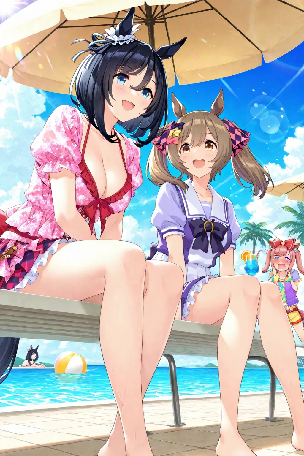 YukinoBijin in Tracen swimsuit;
Agnesdigital, in bikini;
2 girls, Blush Eyeshadow With Thick Eyelashes, Parted Lips, Beach, Outdoors, Brilliant Colorful Paintings,  <lora:umamusume_v02:0.9>