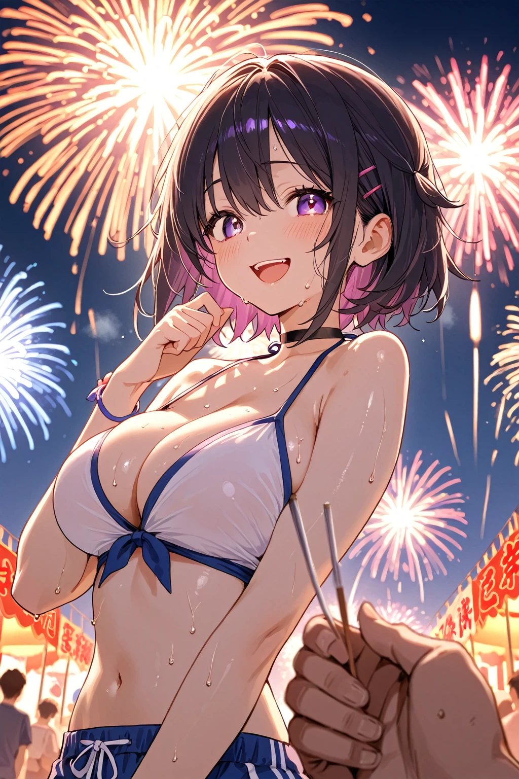 Anime illustration、highest quality、A short and plump high school girl、Tube top、hot pants、Fireworks display、Perfect proportions、overwhelmingly big breasts、Beautiful, shining eyes、Cowboy Shot、Blushed、smile