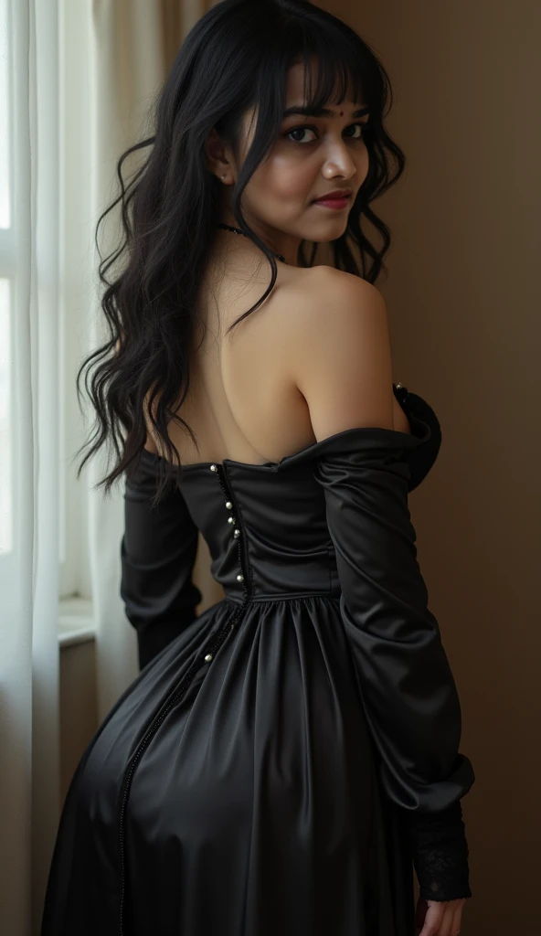 (photo, realistic),
female, 19-year-old, goth, (detailed skin texture), ponytail,
short dress, sheer sleeves, thigh high stockings, back,
inside a mansion room,
high quality, film grain, depth of field,