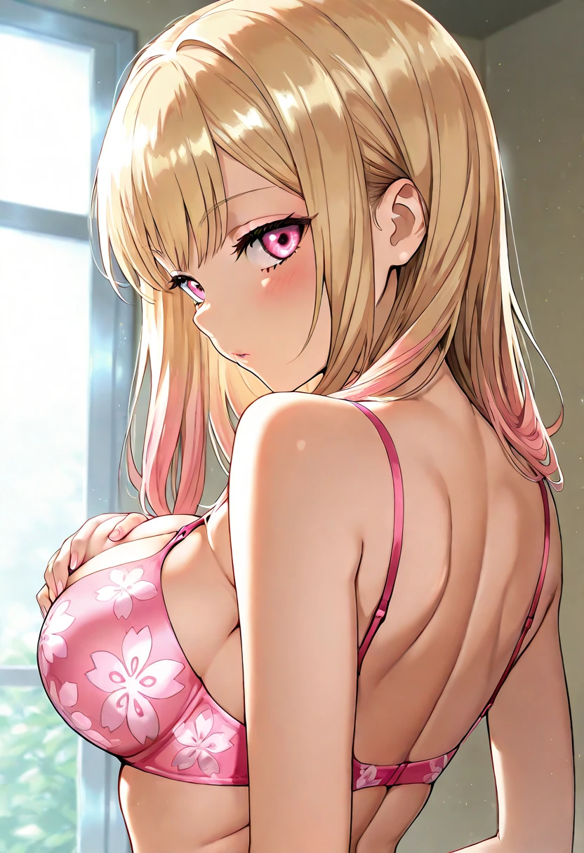 boichi manga style, 1girl, solo, short blonde hair, ((masterpiece)) <lora:boichi_manga_style_offset:1>, huge breasts, upper half, laying on bed, looking at viewer, topless, panties, portrait, pink plumplips, tank top, upper half, crawling