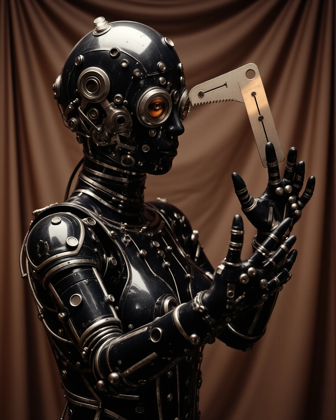 a person in a metal suit with a chain, in the style of gum bichromate, camilla d'errico, light bronze and pink, disfigured forms, webcam photography, religious subjects, donna huanca --ar 70:87 --s 1000 --c 100 --w 1000 --v 5.2 --style raw