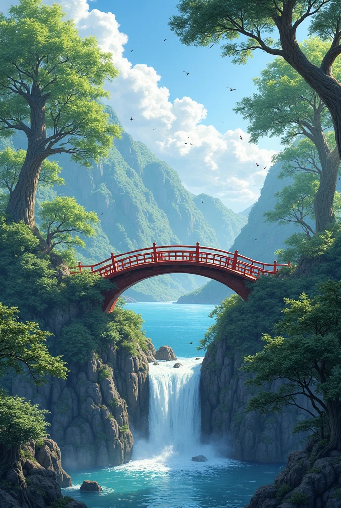 ((masterpiece)), ((best quality)), ((high detail)) digital painting of a serene fantasy garden in spring, no human, with a koi pond, stone bridges, and a variety of fantastical flora and fauna, fantasy spring garden, ukiyo-e style