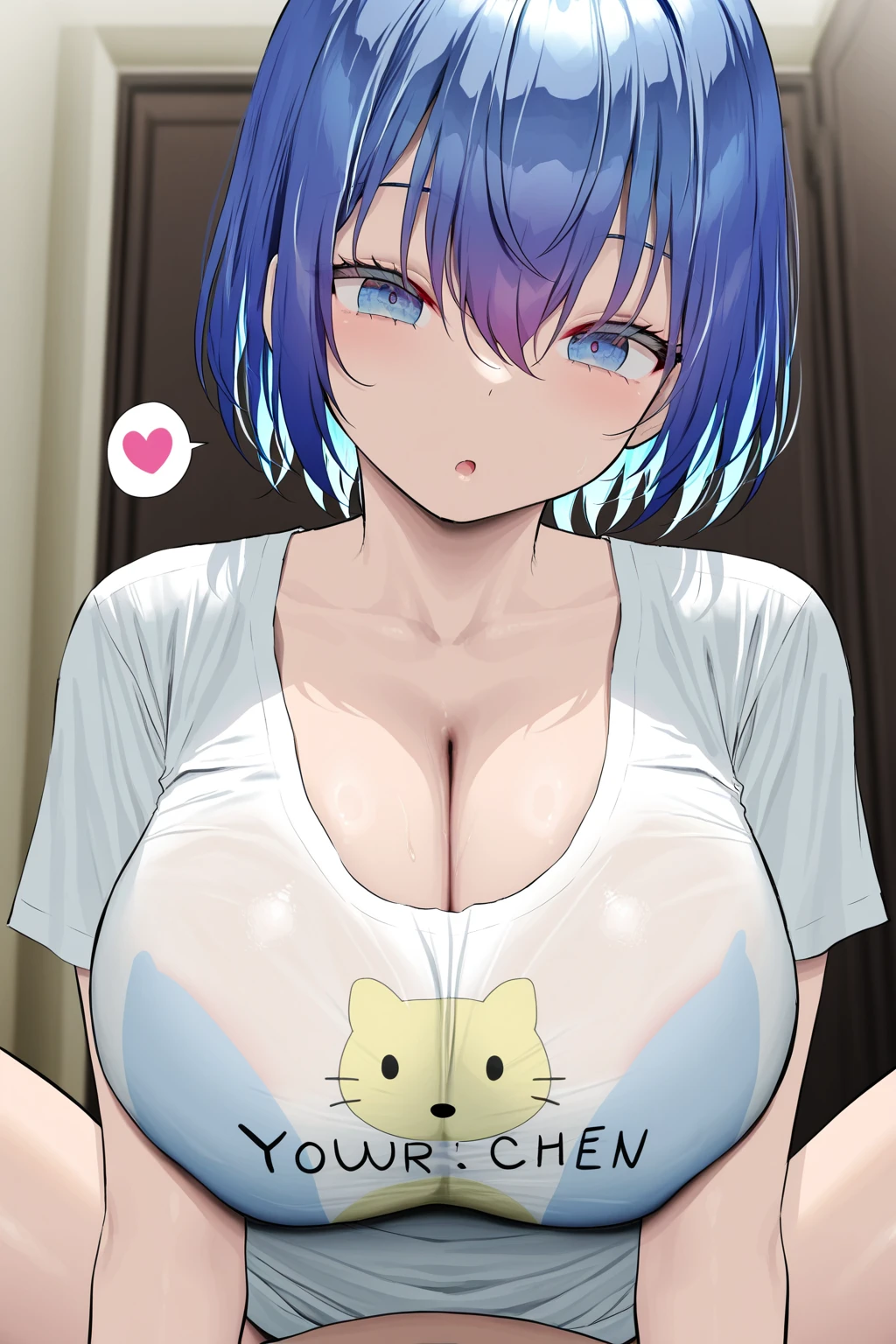2heads, a tall skinny woman with 2 heads. She is in a dark bedroom. Enormous breasts. She has long straight blue hair. She is wearing a tight tank top, bra underneath. Wearing shorts. Massive fake perky breasts. POV blowjob, licking penis, licking viewer's penis. Blushing, cute mature face. Skinny, huge breasts. Spunky. Many tattoos and piercings. Face near viewer's crotch. Holding testicles. Leaning forward. Viewer's legs around torso.
