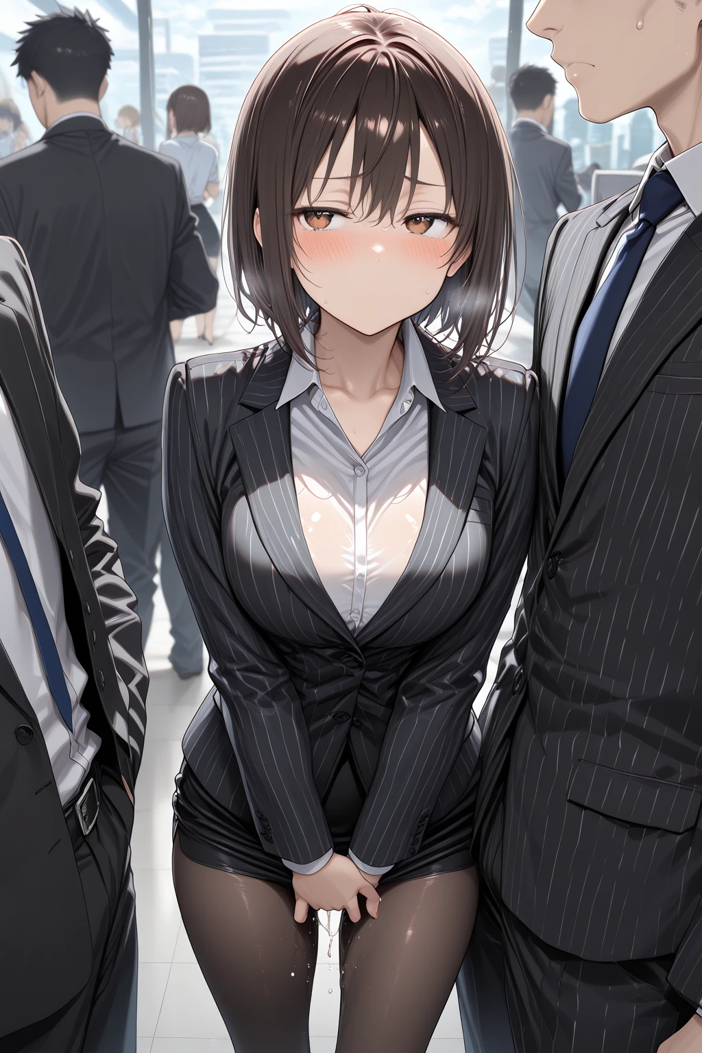 ((masterpiece,best quality anime,Highest quality:1.3)),realistic,cowboy shot,Mature Beauty,solo,1woman,((very small head:1.3)),ideal ratio body proportions,tan skin,brown hair,bangs,straight long hair,gorgeous eyes,brown eyes,shy,(Wearing a black formal jacket、navel、Black leather collar、Black tight mini skirt),((slender body,skinny,toned body)),small breasts,sweat,gleaming skin,shiny skin,on street,shinjuku、Modern Tokyo、