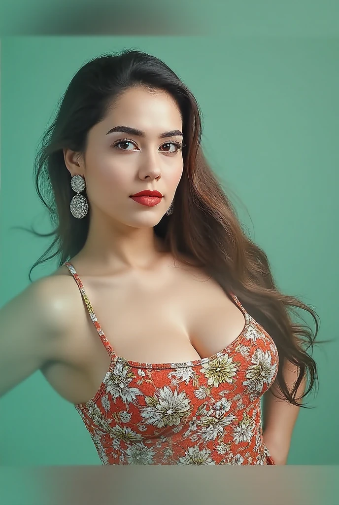 Image of a dark-haired woman with windblown curls, her hair is intertwined, like a flame against the twilight sky., radiating unbridled beauty, Big breasts, wearing a sexy artistic outfit with artistic prints inspired by britto, wearing an avant garde outfit, oversized sleeves, sequins, feathers, fringe, fabric flowers, in an modern art gallery in los angeles,