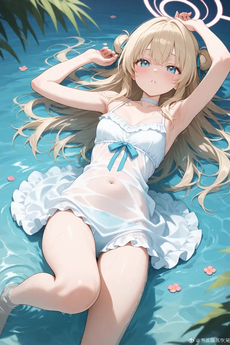 masterpiece,8k,Fairy tale style,Rose Princess,sleeping Beauty,A woman with medium ,(Gorgeous woman),ahegao,Long blond hair,Protruding lower chest,Showing belly,(Slender thighs),Lying in the sea,Soaking in sea water up to the belly,Wet clothes,Flowing fabric,