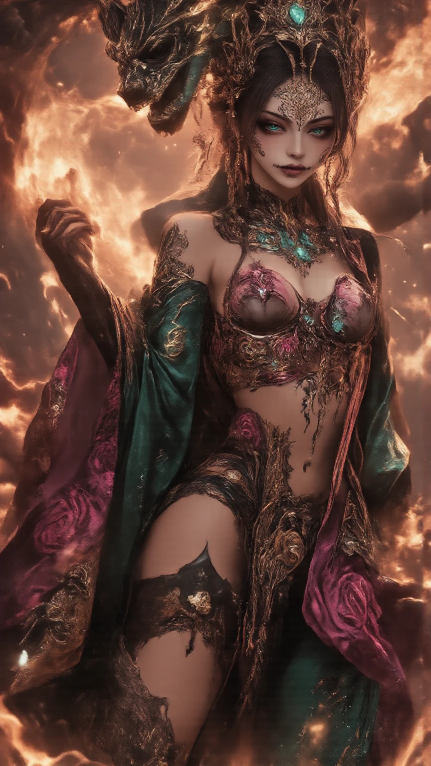 (best quality,highres:1.2),ultra-detailed,realistic,portrait,high fantasy,(subject 1:sexy busty Malaysian woman(age 40),jewel hijab,bikini,) tames a devil,arcane chamber,well-lit room,vibrant colors,exquisite details,(seductively poses,confident expression,mesmerizing eyes,long wavy hair,fine jewelry,ornate tattoos,chiseled features,soft skin),golden light,elaborate spell casting,richly decorated surroundings,enchanted atmosphere,mythical creatures in the background,elaborate tapestries,handsome yet sinister devil,subdued black and red color scheme,gentle candlelight,Northern European architecture,ethereal shimmer,curved horns,dark wings,burnished scales,dangerous yet alluring presence