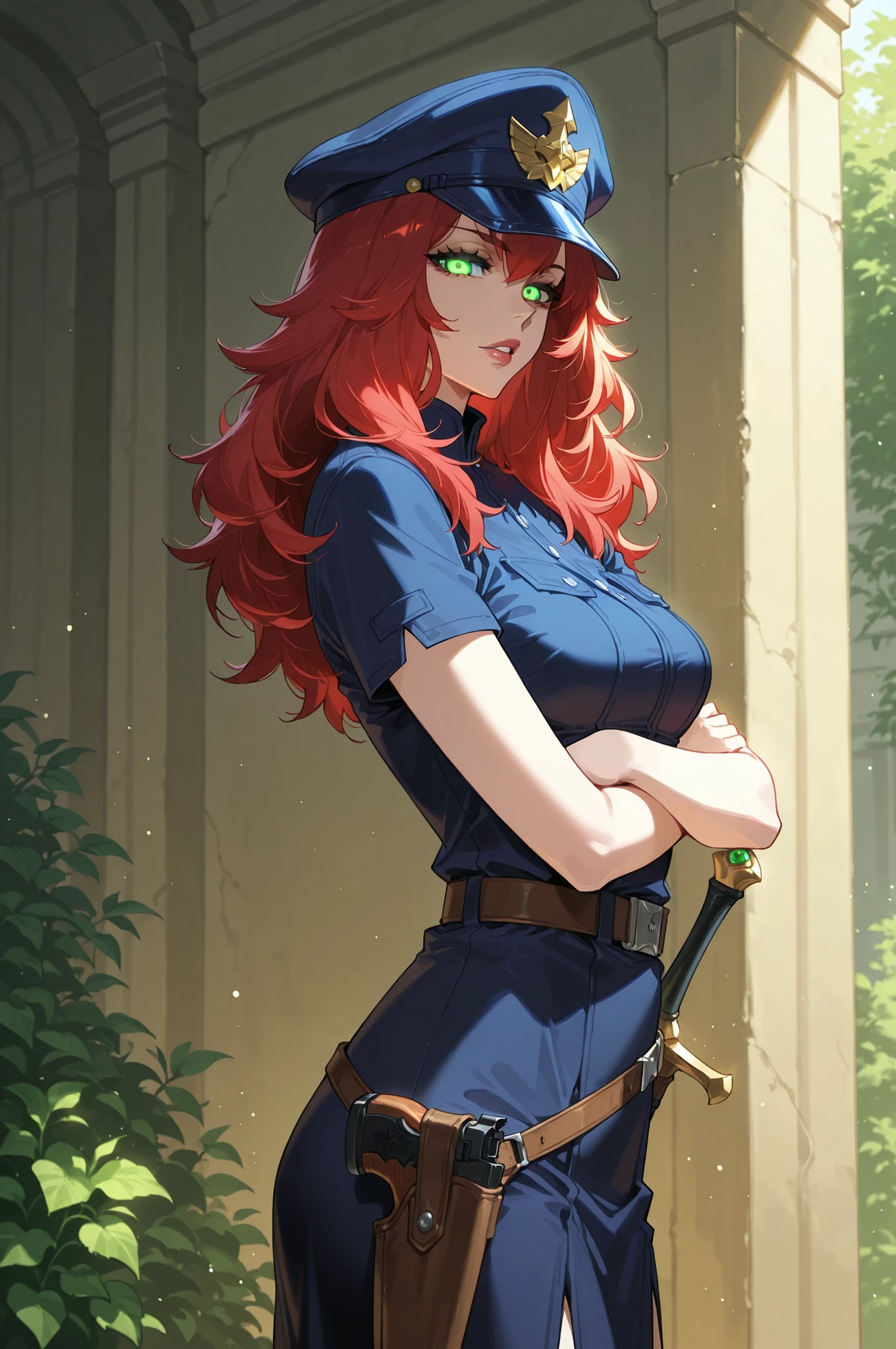 lazypos, 1girl, solo, looking at viewer, wideshot, from the side, standing, detailed eyes, looking at viewer, shadow, ligh particles, full lips, thick lips, Inspiring, arms crossed,
Devola, 1girl, red hair, medium breasts, dress, green eyes, long hair, glowing eyes, medium breasts, militar, dark blue police uniform, dark blue uniform, black militar hat, greek garden background, leather belt with a holster for a pistol, sword in belt, Yumi Miyamoto cosplay,