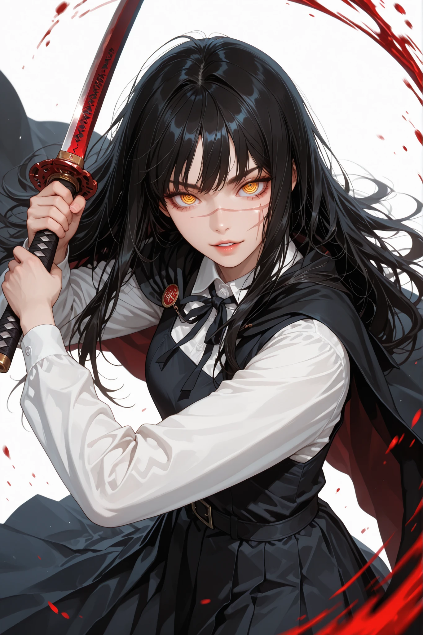 1 girl, yoru, scar on cheek, cross scar, long hair, black hair, yellow / red eyes, ringed eyes, school uniform, black dress, pinafore dress, sleeveless dress, white shirt, black ribbon, neck ribbon, long sleeves, black cape, good anatomy, standing, white background, looking at viewer, holding katana, sword drawn, sword slash motion, bloody blade, detailed hands, fighting dynamic pose, cinematic angle, motion lines, motion blur, motion effect, parted lips, psychopathic smile, close up, provocativ, top quality, supreme masterpiece, ultra detailed, very aesthetic