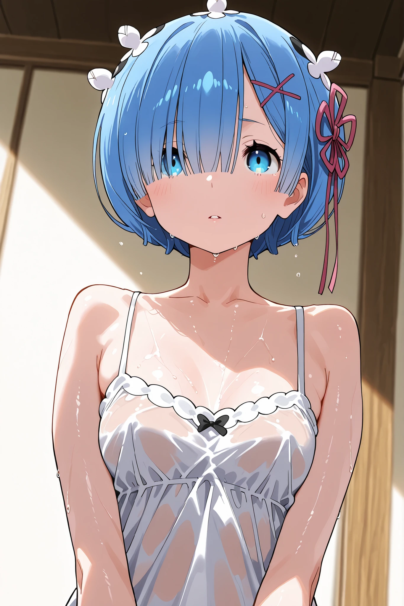rem, mature female, blue eyes, blue hair, short hair, hair over one eye, x hair hornament, hair ribbon, small breasts,Suchwet,おっぱい、エロ、濡れて、