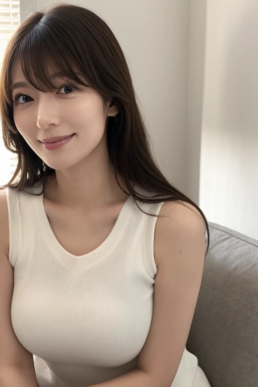 highest quality, masterpiece, High resolution, Photoreal, Raw photo, 8k wallpaper, Flawless, professional lighting, very detailed, Depth of the bounds written, facing forward, hotel lounge, one beautiful woman, 40 years old, sexy, detailed face, beautiful eyes, bangs, good shape big breasts, straight hair, faint lips, look at the viewer, serious face eyes, lightweight v-neck sweater, skirt, cowboy shot