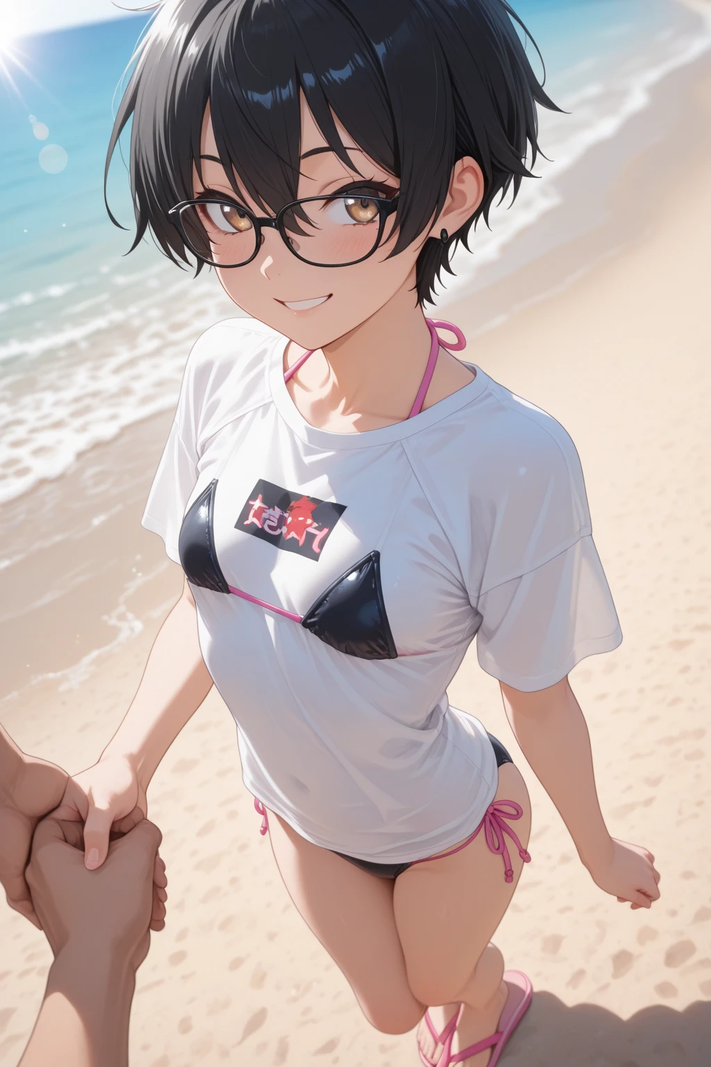 (((Official art,superfine illustration,hight resolution, masutepiece, best qualtiy,Best Quality,)))hightquality, detaileds, (A little boy),12 years old, A young male idol with a super cute face,A boy as beautiful as Planding, Cool handsome face with smile, the beachサンダル、Long legs, thighs thighs thighs thighs, Foots, Bulge, (Black hair、Spiky hairstyle)、Shiny hair, (Upper body bikini), (Tight shorts on the lower body), sand beach、Cool pose, (厚いthighs thighs thighs thighs、Seduce your big ass to your crotch)、(((the beach)))、((cocky、))、Smirk、Spread legs,Ultra-fine painting, (Best Quality, 4K, 8K, hight resolution, masutepiece:1.2),(((Being aware of the sexual gaze of middle-aged gay men)))、Service Shots、((detailedsな目:1.2))