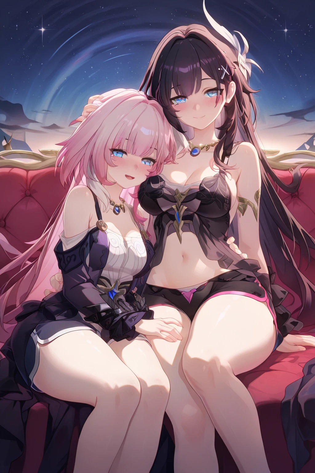 yae miko，It gives the feeling of an adult woman，She has pink eyes and crumbs in her eyes，Her long silky pink hair was tied up at the end，The fox's ears, which symbolize his status as a divine messenger, are earrings set with purple gemstones all year round，Wearing a red wedding dress，The chest is an F cup，She put her arm around General Raiden，Raiden General has the feeling of an adult woman but a girl，Teng purple hair is over the waist, Teng purple hair coiled into a twisted braid，flat bangs，The bangs are neat and soft, but slightly bifurcated from the left forehead，The long hair was not tied up neatly, but a strand was left on the chest，It is like a silent expression that "it is difficult for gods to completely straighten their hair"，Subtly closing the distance between the player and the player。The vine purple pupils reflect her identity as the god of thunder like the representative color of the thunder element，And slightly drooping eyelashes and tear moles on the left side of the eye，It also added a bit of tenderness to General Raiden's original steely temperament，Wearing a tight black wedding dress，Wear fleshy black stockings，The chest is an F cup，Sit on the bed。A red rope tied their waists together